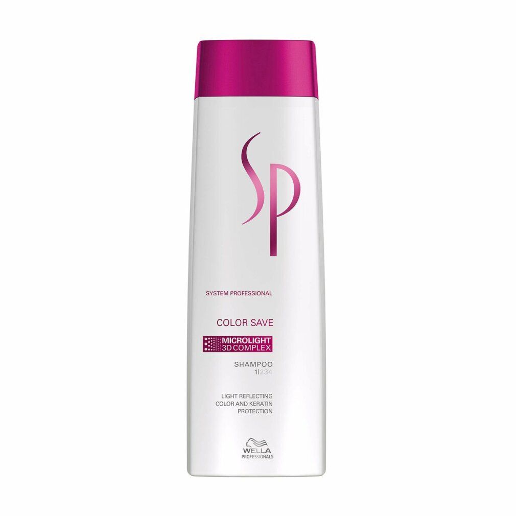 Weißes Shampoo mit pinkfarbenem Deckel. Aufschrift SP, Color Save und 3D Complex. Wella Logo.