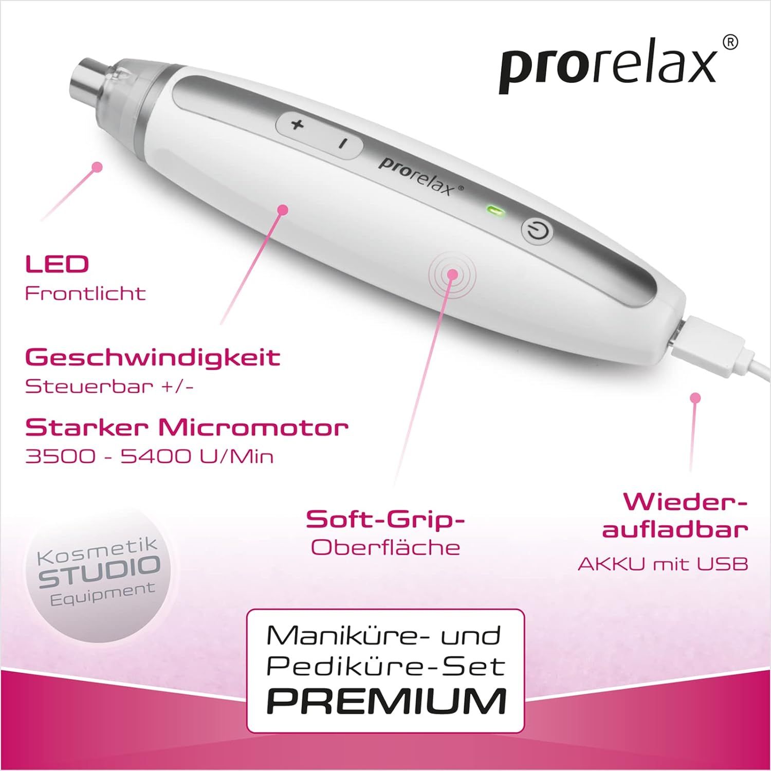 Weißes Maniküre-Pediküre-Set mit Text: LED Frontlicht, Geschwindigkeit, starker Micromotor, Soft-Grip-Oberfläche, Akku mit USB.