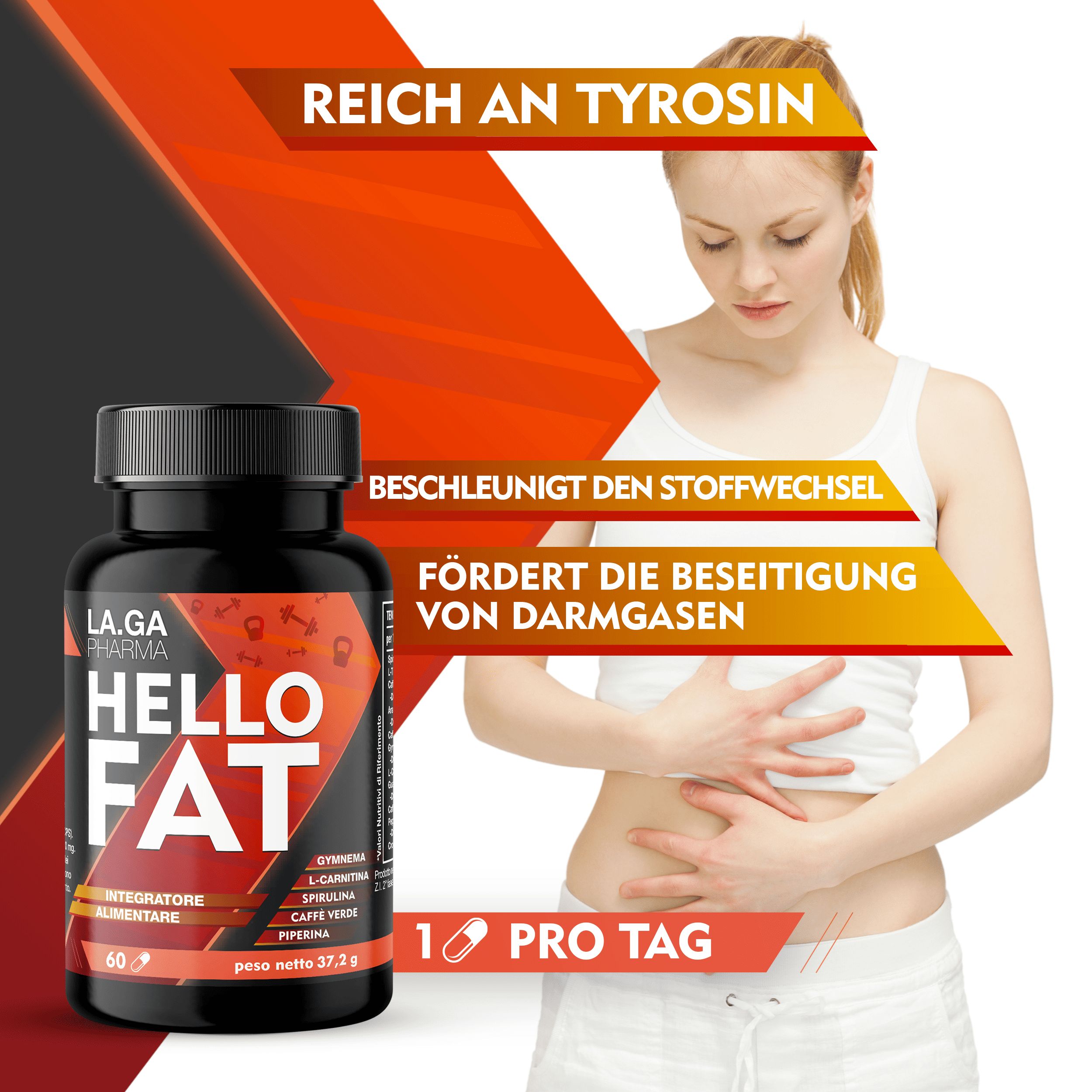 HelloFat© Fettverbrenner mit Spirulina, L-Tyrosin, Bitterorange, Piperin, Chrom. Schlankheitsmittel,