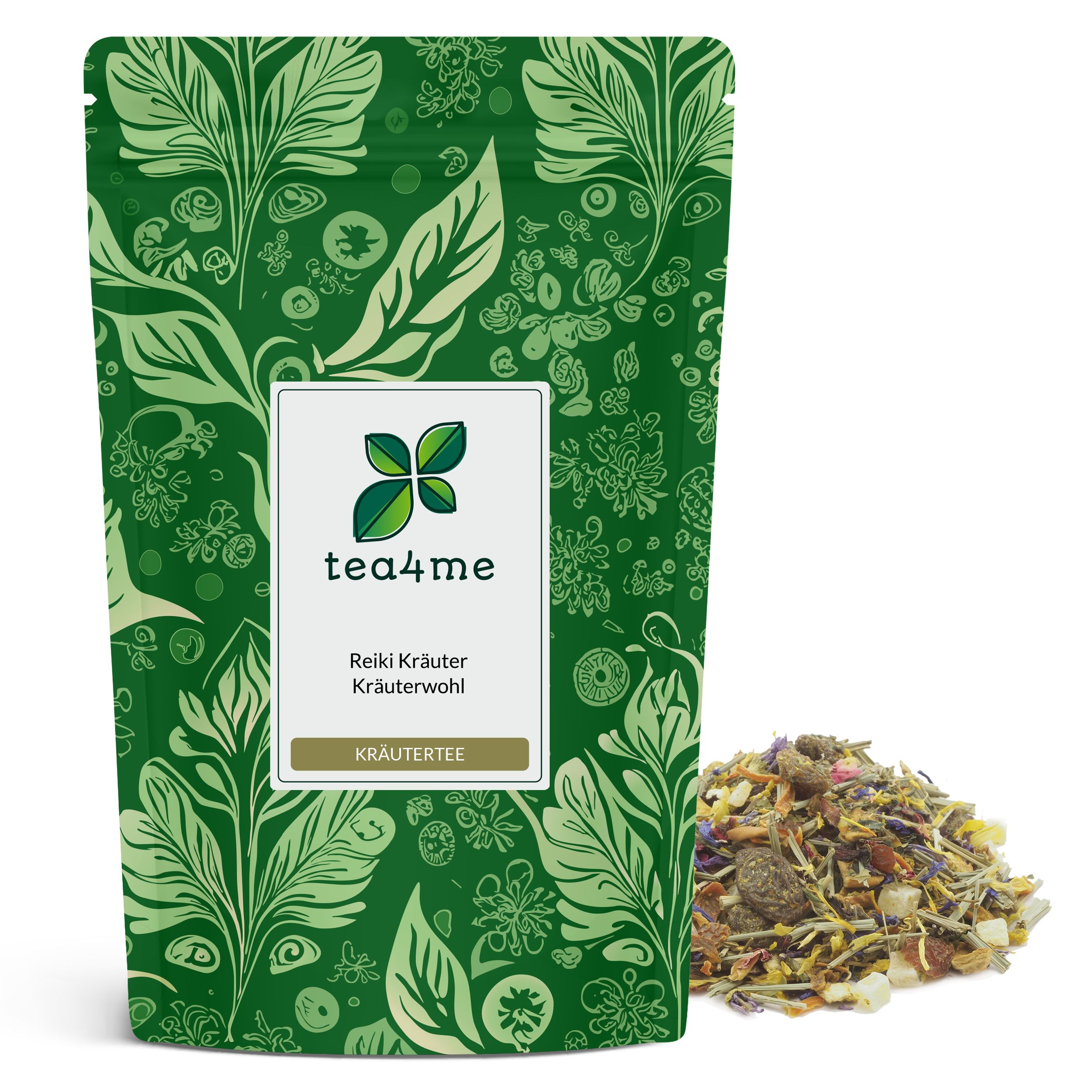 Grüner Beutel mit floralem Muster und Logo. Aufschrift: tea4me, Reiki Kräuter Kräuterwohl Kräutertee. Daneben Kräutermischung.