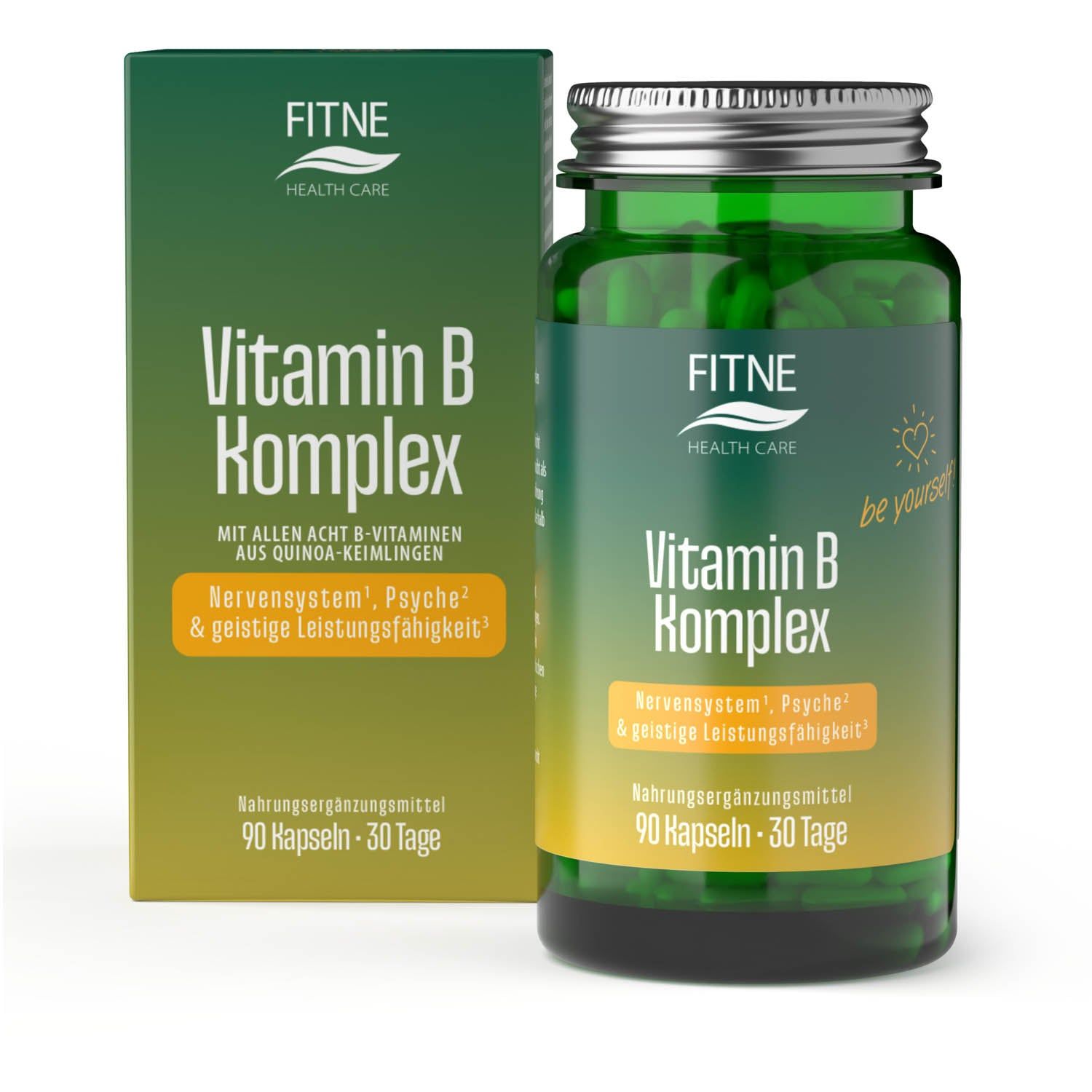 FITNE Vitamin B Komplex Kapseln. Flasche und Verpackung. Enthält 90 Kapseln. Text: Nervensystem, Psyche & geistige Leistungsfähigkeit.