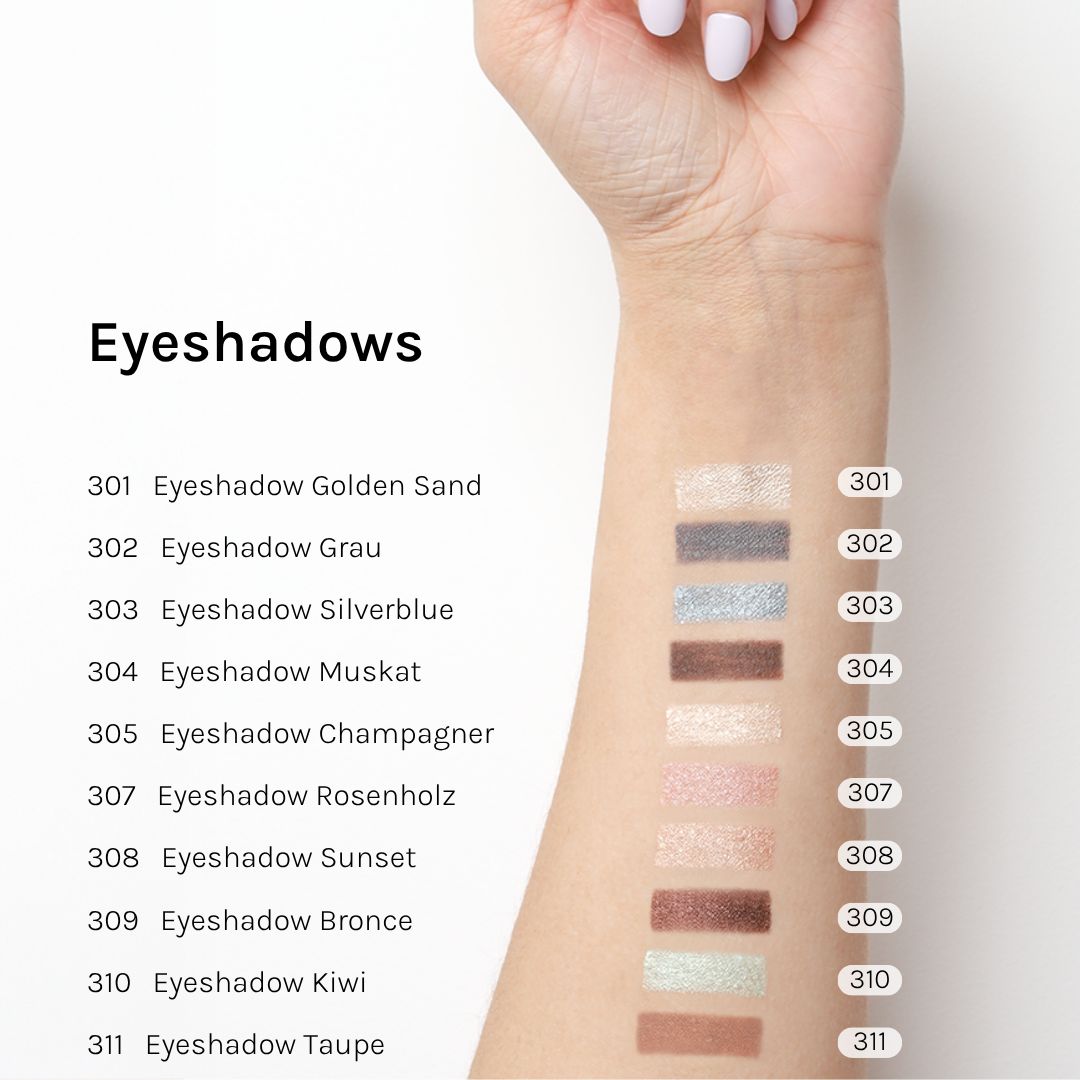 Arm mit 11 Lidschatten-Farbmustern. Aufschrift: "Eyeshadows". Farben: Golden Sand, Grau, Silverblue, Muscat, Champagner, Rosenholz, Sunset, Bronze, Kiwi, Taupe.