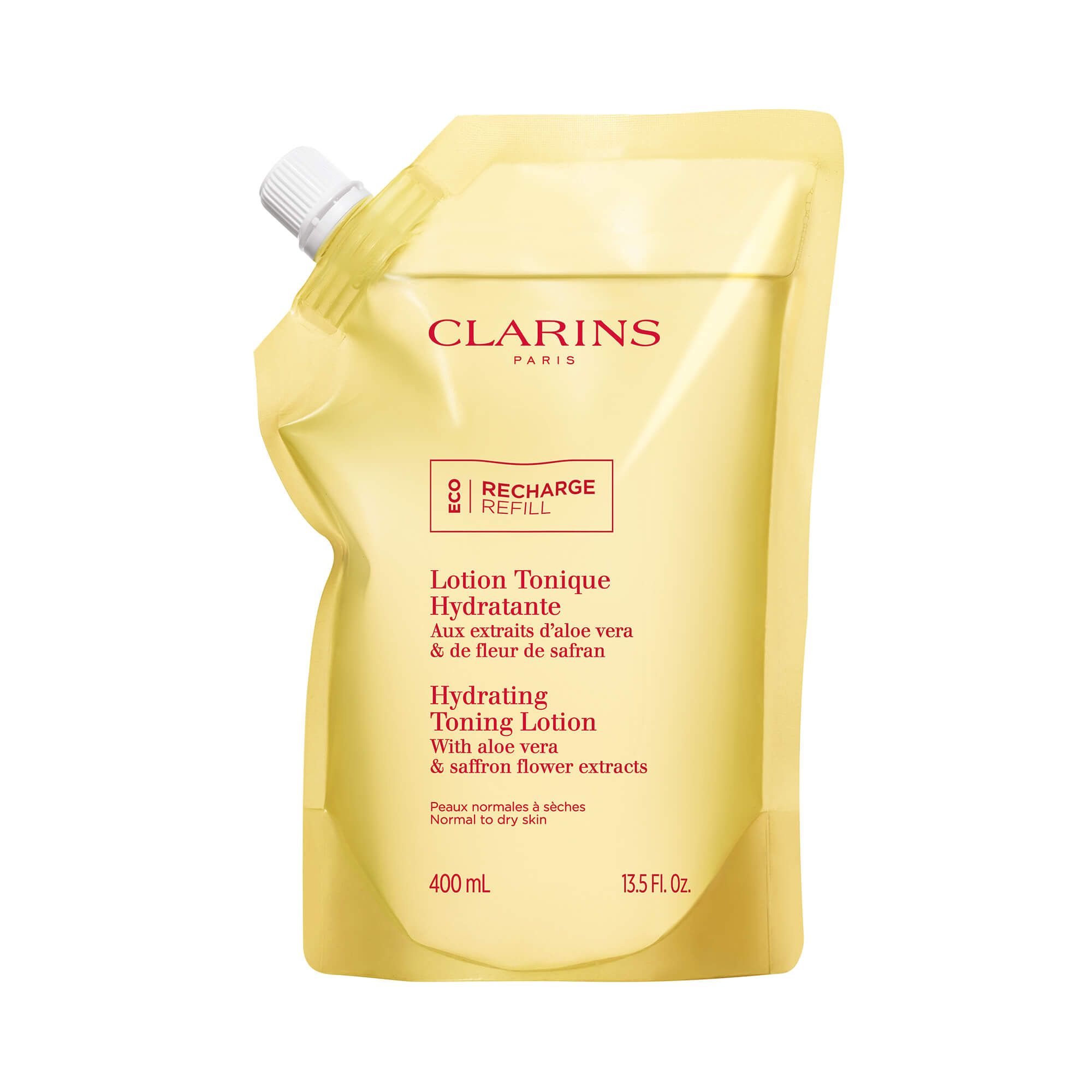 Nachfüllpackung für Gesichtswasser. Gelbe Verpackung mit weißem Verschluss. Text: Clarins, Lotion Tonique Hydratante, 400 ml.