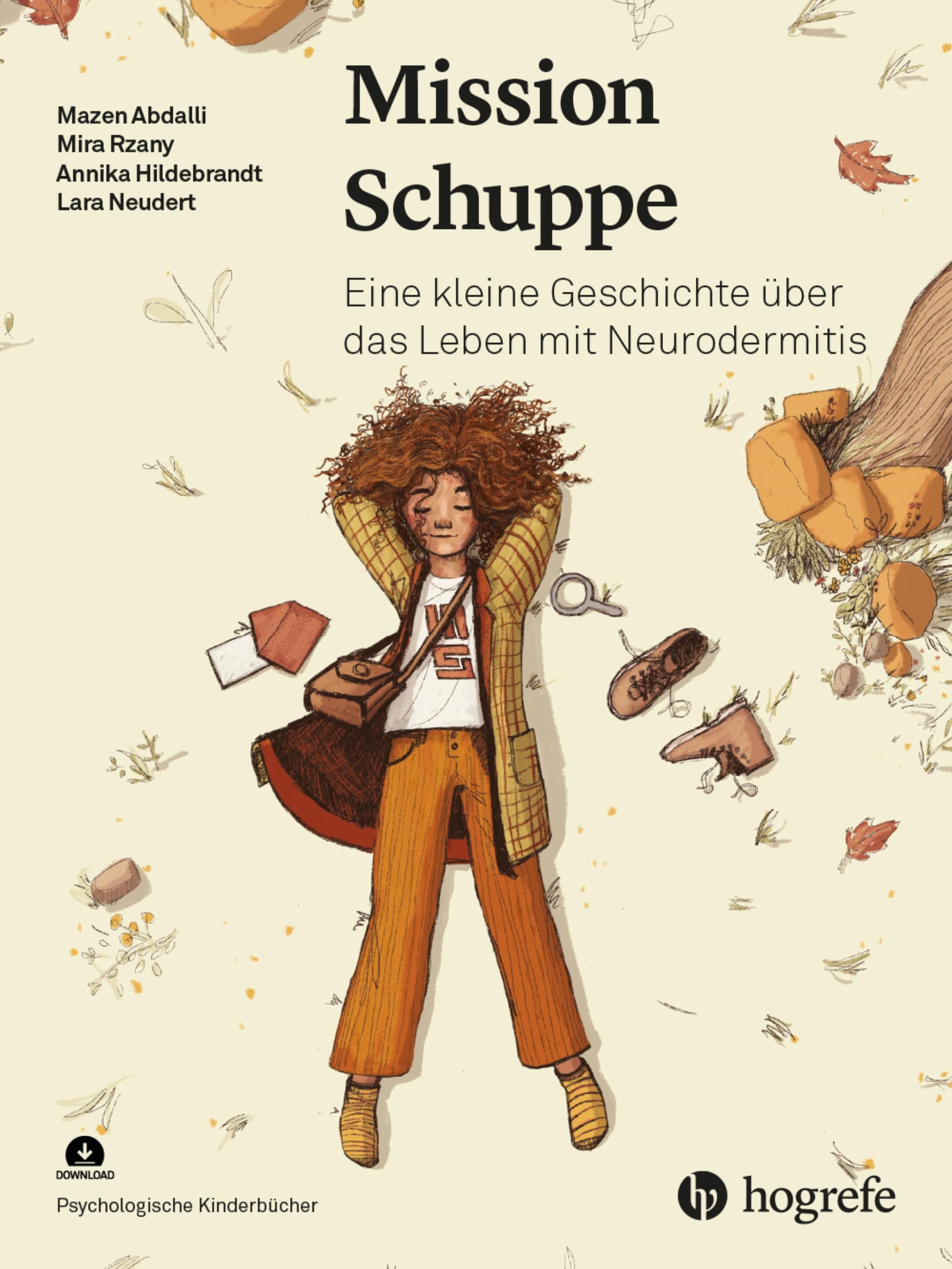 Buchcover: Titel "Mission Schuppe". Illustration einer Person, die auf dem Rücken liegt. Autorennamen und Verlag Hogrefe.