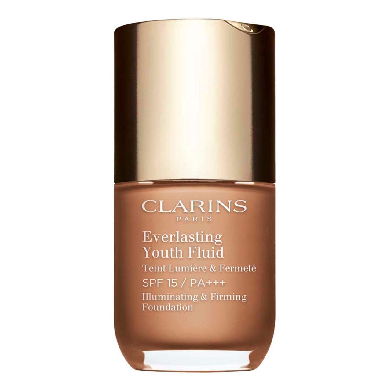 Clarins Everlasting Youth Fluid SPF 15. Flasche mit goldfarbenem Deckel und brauner Flüssigkeit. Text: Illuminating & Firming Foundation.