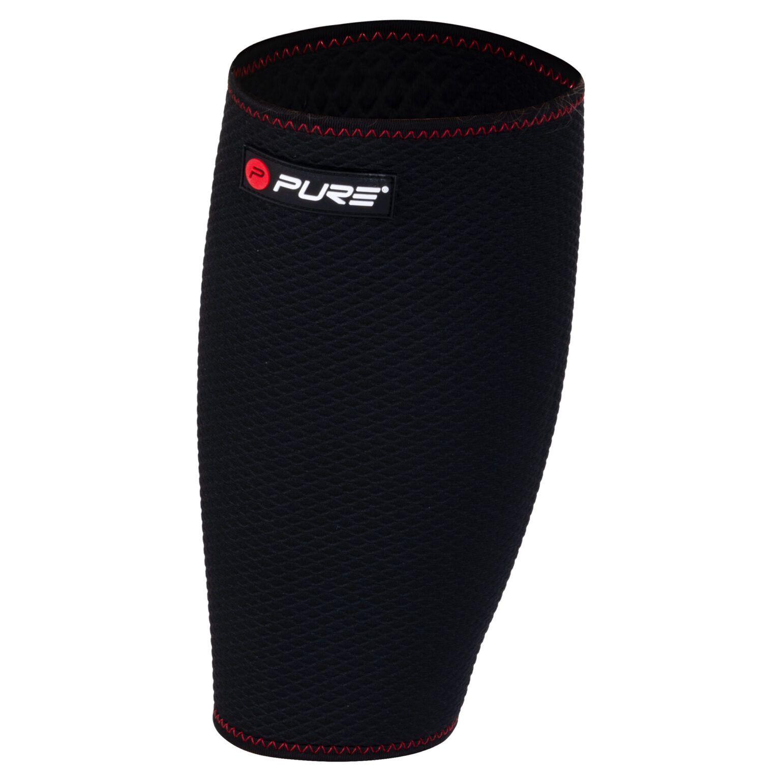 Tutore per polpaccio in neoprene nero, cuciture rosse. Logo 'PURE'.