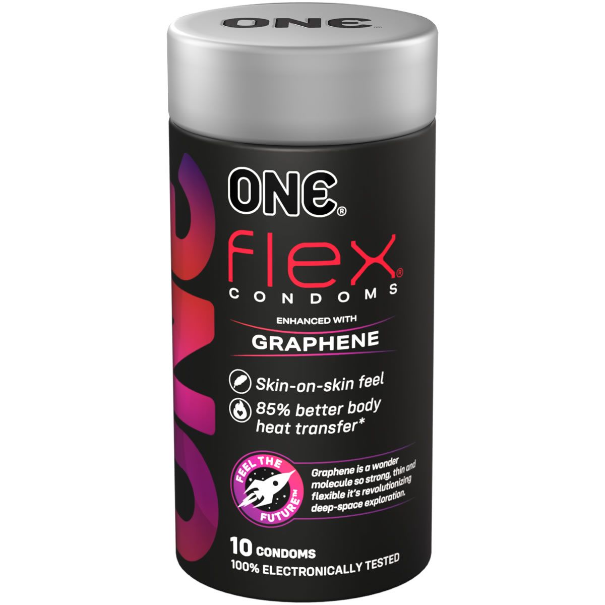Zylindrische Verpackung. Oben silberfarben, darunter schwarz mit pinkfarbenem Design. Text: ONE Flex Kondome, mit Graphen.