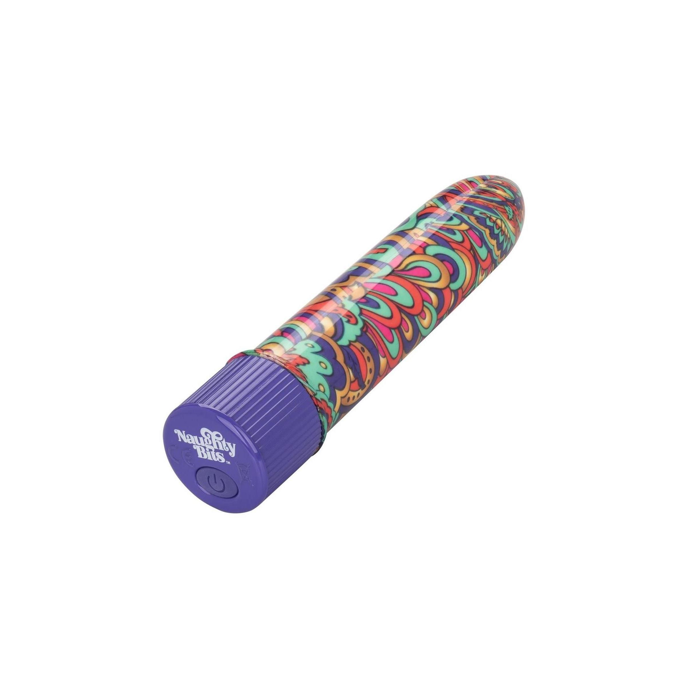 Mini-Vibrator mit buntem Muster. Lila Basis. Aufschrift "Naughty Bits".