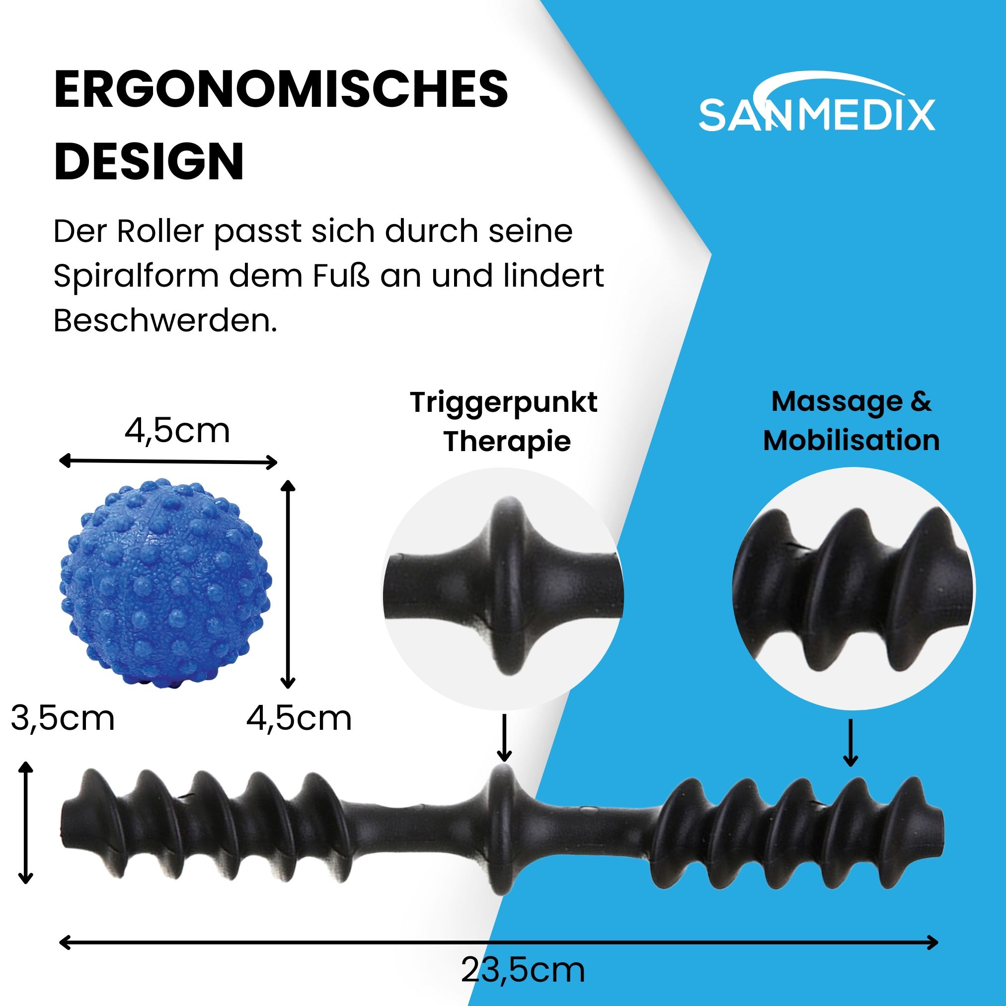 Sanmedix Flexi 3in1 Fußroller und Massageball. Abmessungen: 23,5 cm, 4,5 cm, 3,5 cm. Ergonomisches Design.