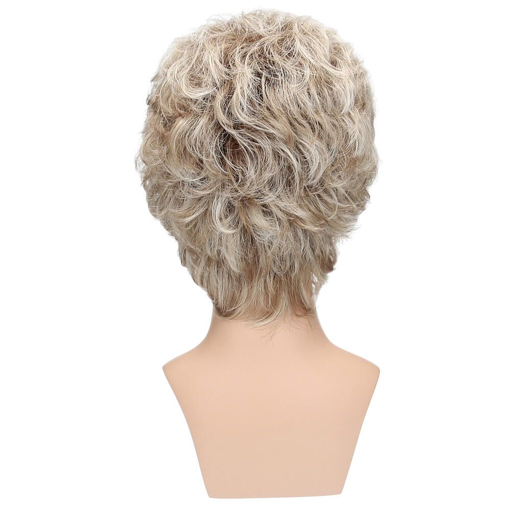 Perücke Mia von Lofty, blond-braun, auf einem Schaufensterkopf. Rückansicht.