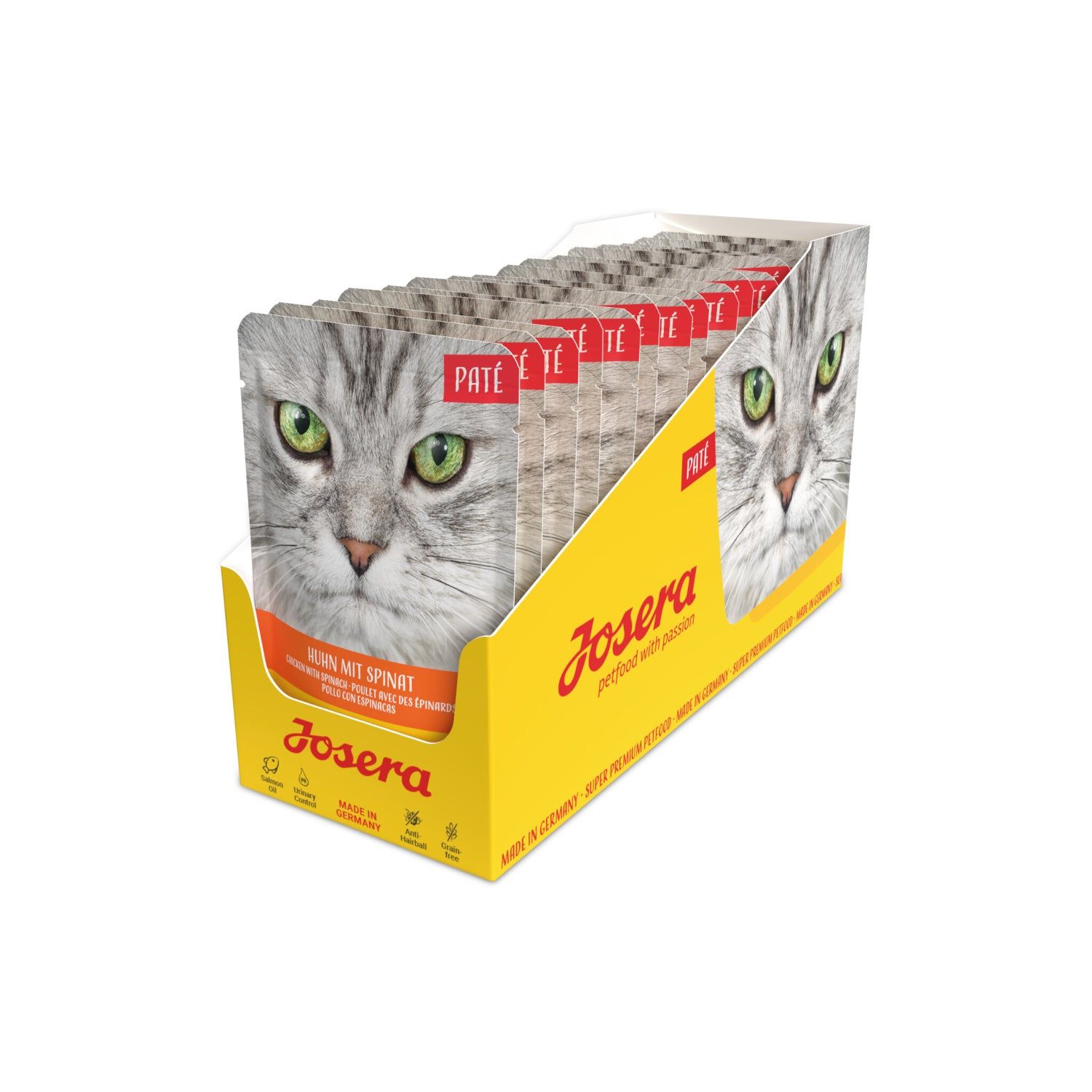 Josera Paté Huhn mit Spinat. Display-Box mit Portionsbeuteln. Katze-Gesicht auf Verpackung. Gelbe Box mit Logo.