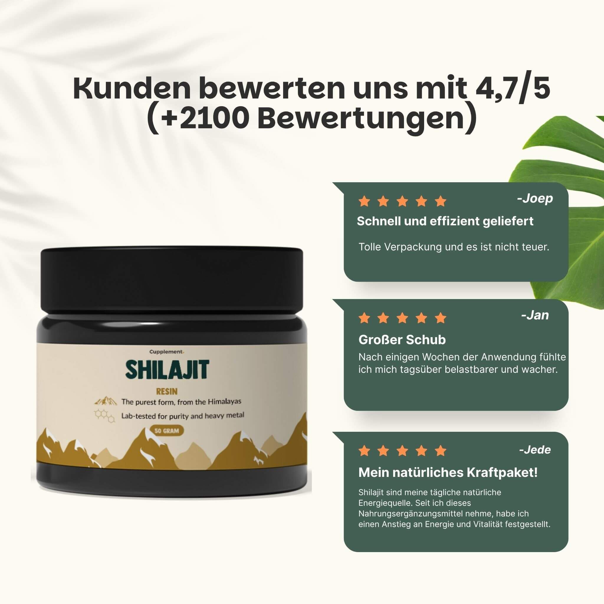 Glas mit Shilajit. Text: Kunden bewerten uns mit 4,7/5. Zitate von Kunden. 5 Sterne Bewertungen.