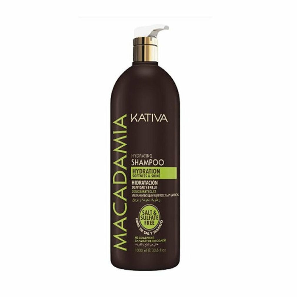 Braune Shampoo-Flasche mit weißem Pumpkopf. Aufschrift: Kativa Macadamia Hydrating Shampoo. Grün markiert: Hydratation, Sanftheit & Glanz. Ohne Salz & Sulfate.
