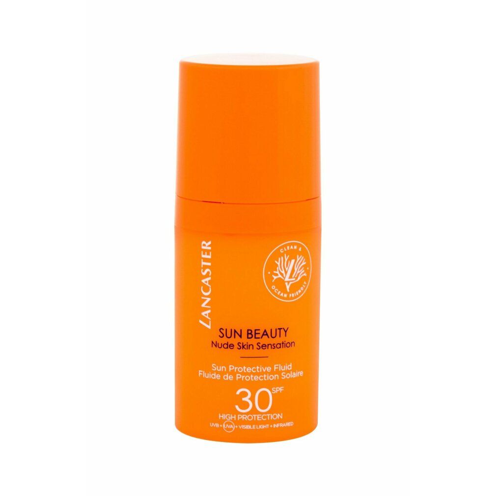 Orangefarbene Flasche mit weißem Deckel. Aufschrift: Lancaster SUN BEAUTY, Nude Skin Sensation, SPF 30. Vegan-Siegel.