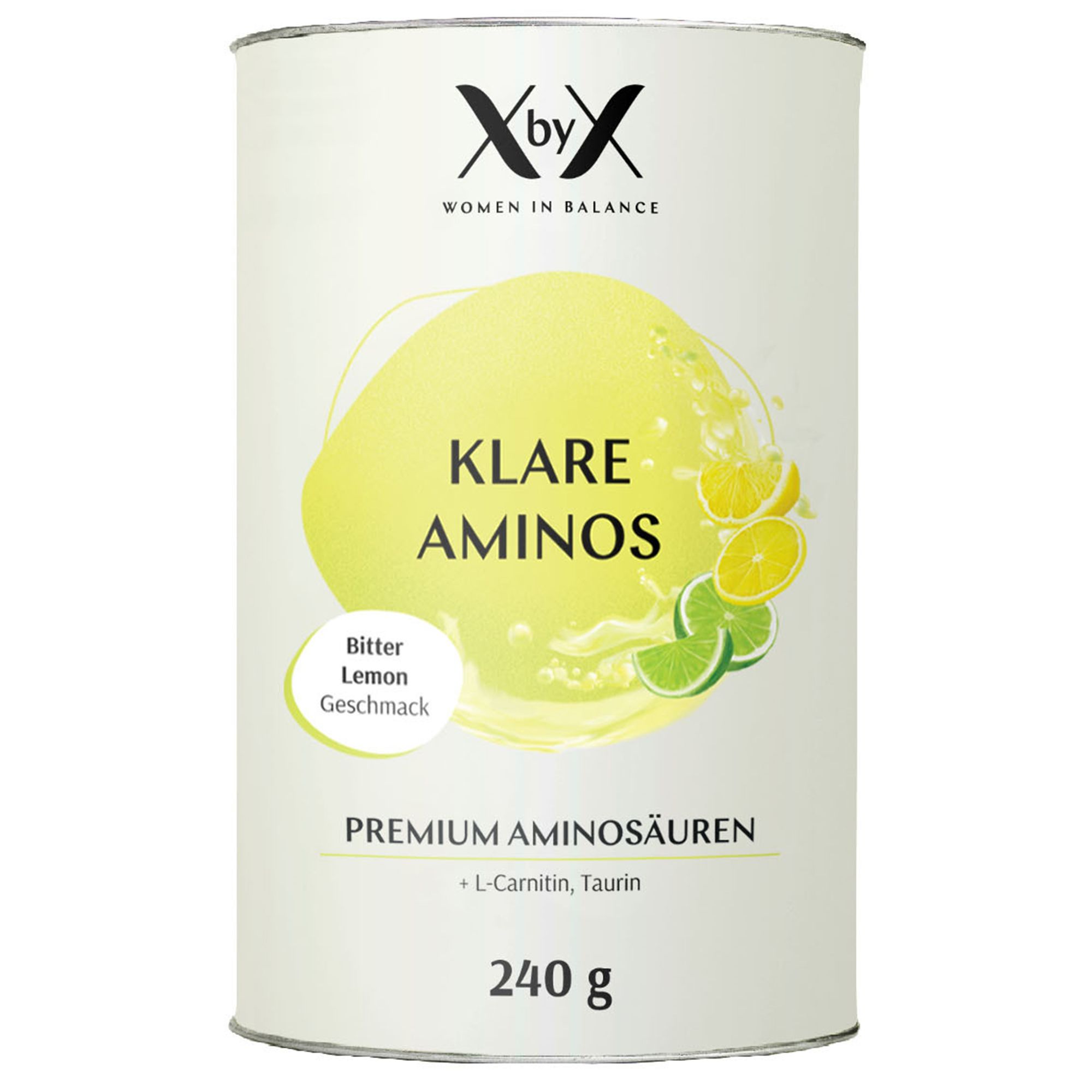 Dose mit "Klare Aminos". Bitter Lemon Geschmack. 240g. Logo: XbyX, Women in Balance.