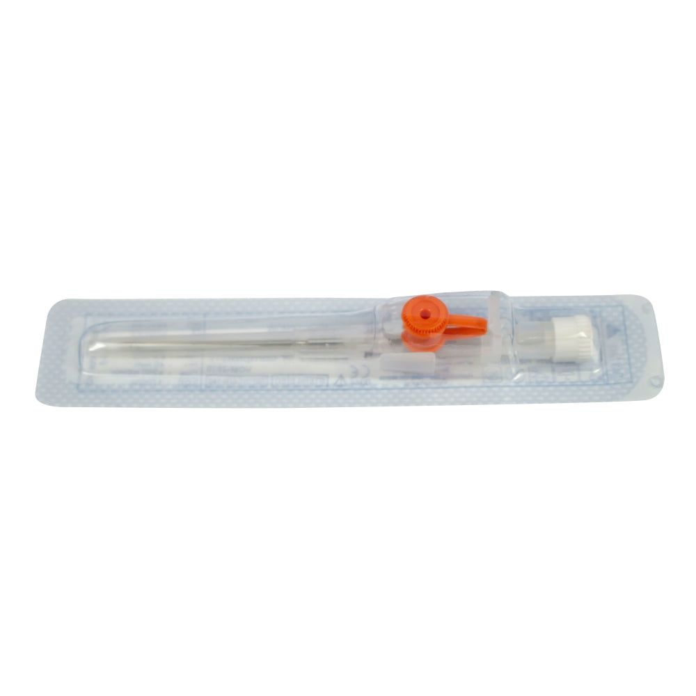 Sterile Venenverweilkatheter mit orangefarbenem Anschlussstück und Schutzkappe.