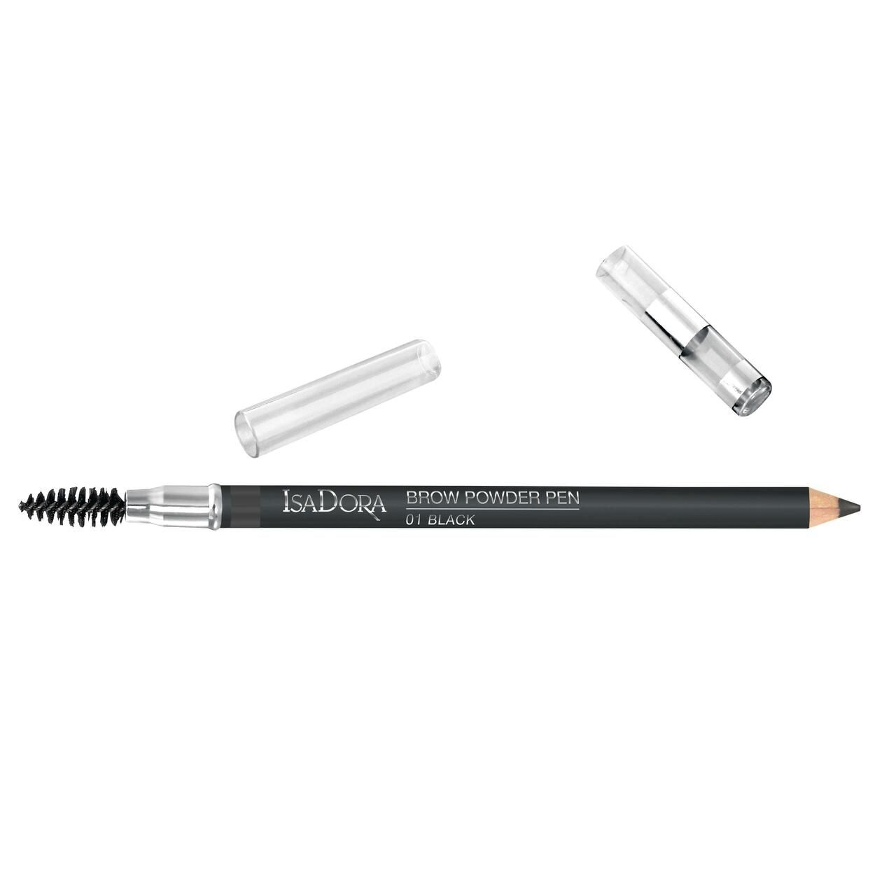 IsaDora Brow Powder Pen, schwarz. Stift mit Bürste und Kappe. Aufschrift: Brow Powder Pen, 01 Black.