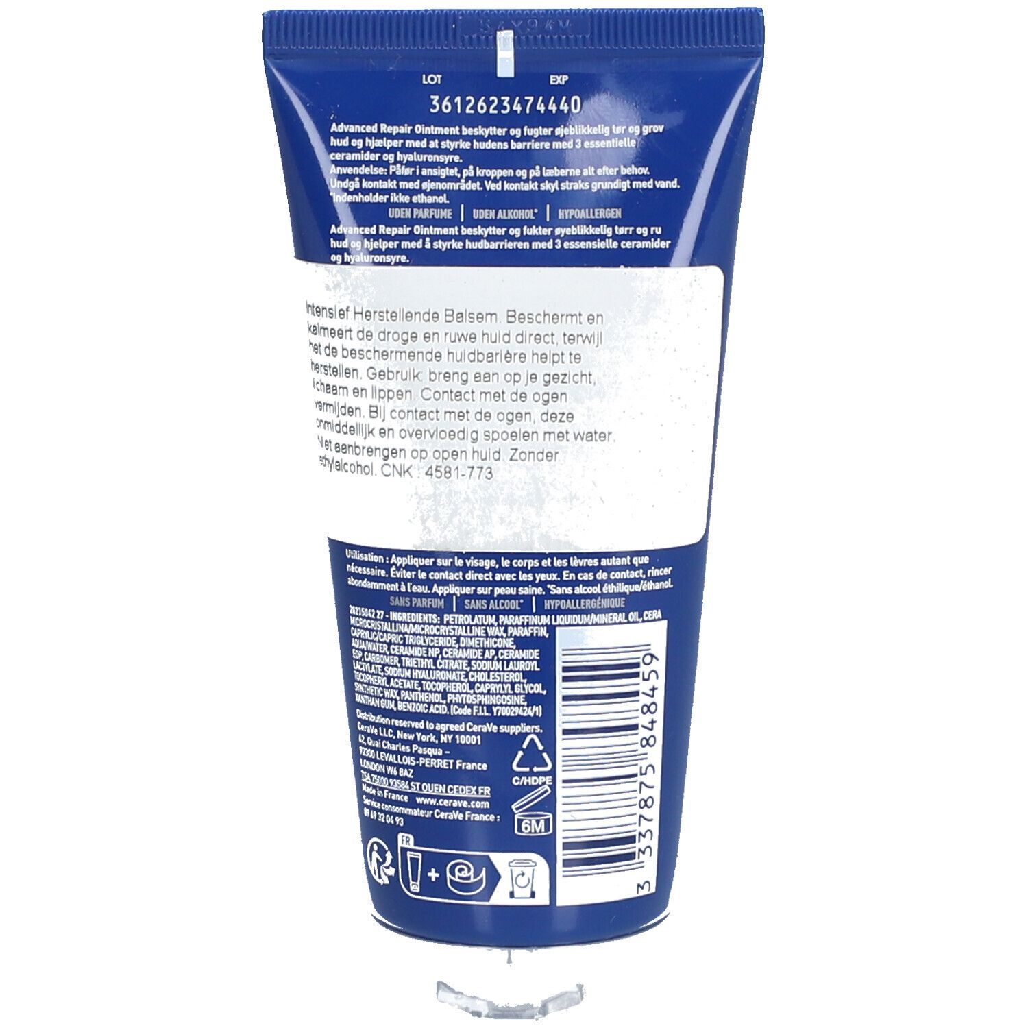 CeraVe Advanced Pommade Réparatrice. Blaue Tube mit weißem Etikett. Text in mehreren Sprachen.