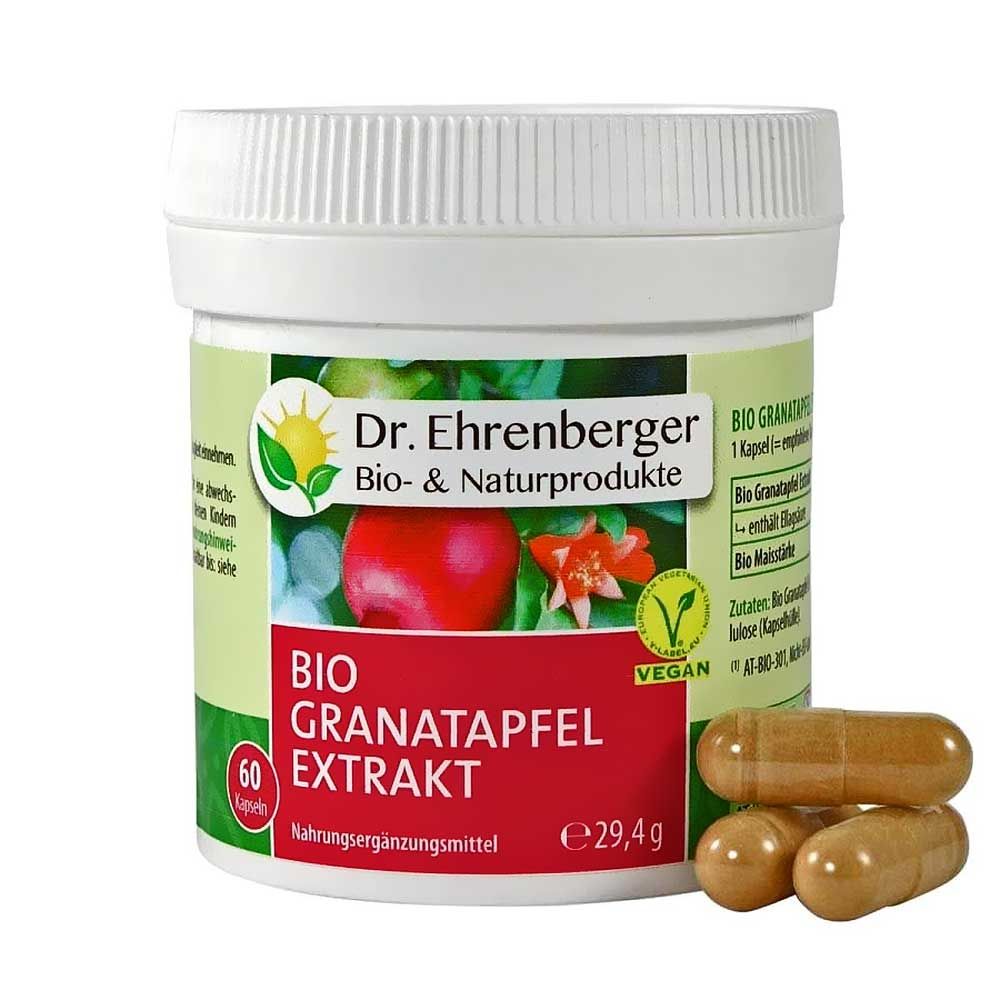 Weißes Behältnis mit Aufschrift "Dr. Ehrenberger Bio Granatapfel Extrakt". Enthält 60 Kapseln. Vegan-Siegel. Daneben liegen Kapseln.