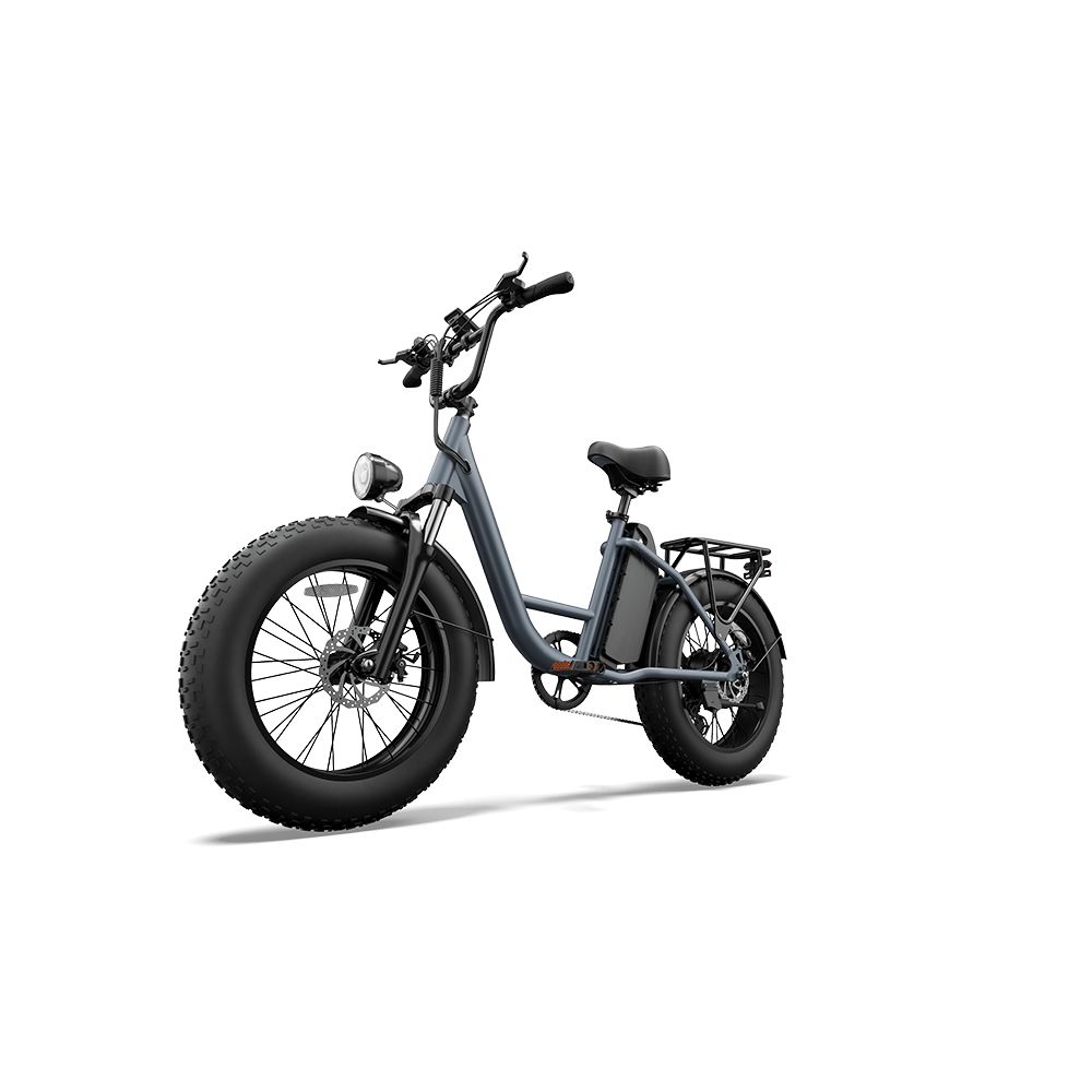 Graues Elektrofahrrad mit breiten Reifen, Gepäckträger und Scheinwerfer. Ansicht von der Seite.