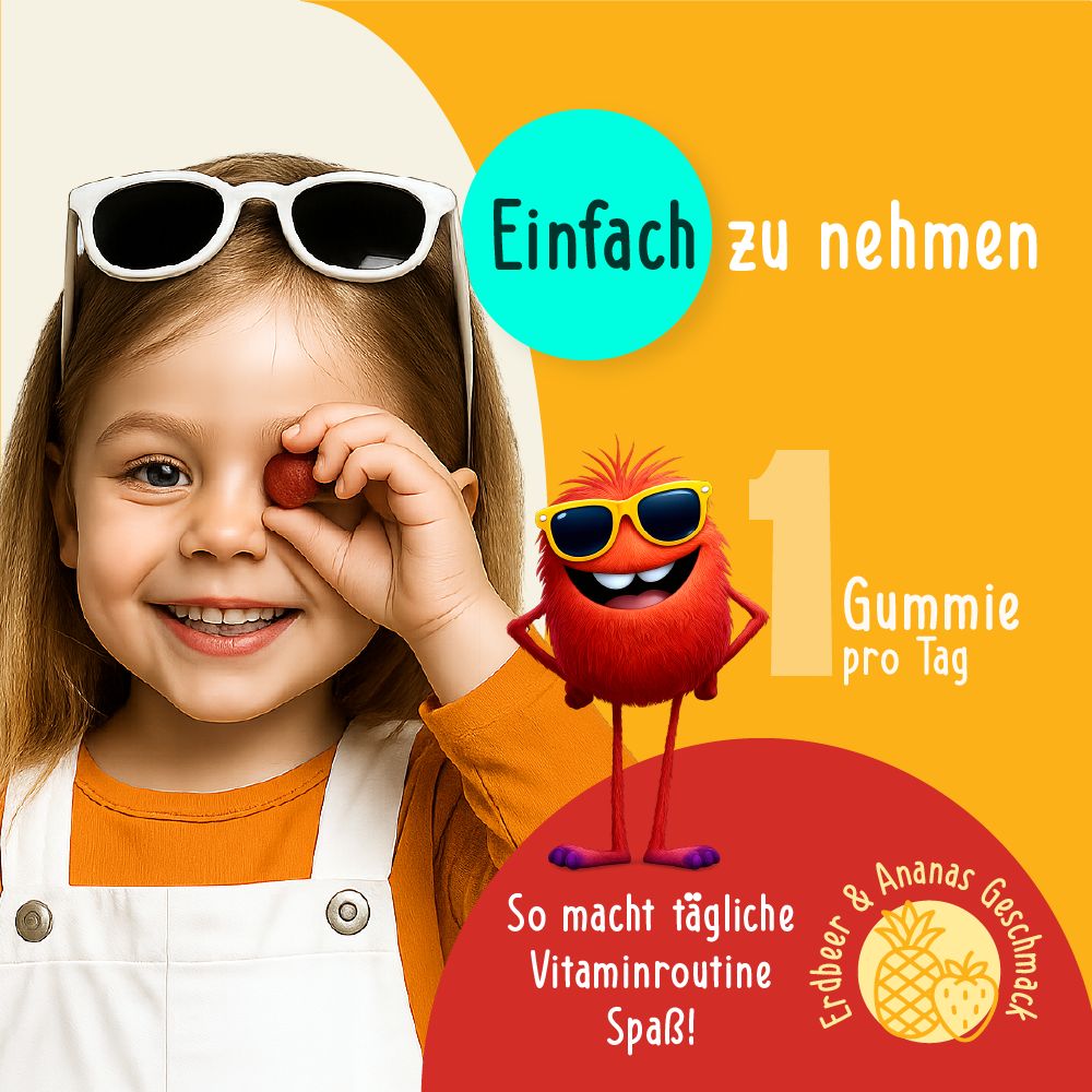Kind hält rotes Gummibärchen vor das Auge. Text: Einfach zu nehmen, 1 Gummie pro Tag. Erdbeer & Ananas Geschmack. Comicfigur mit Sonnenbrille.