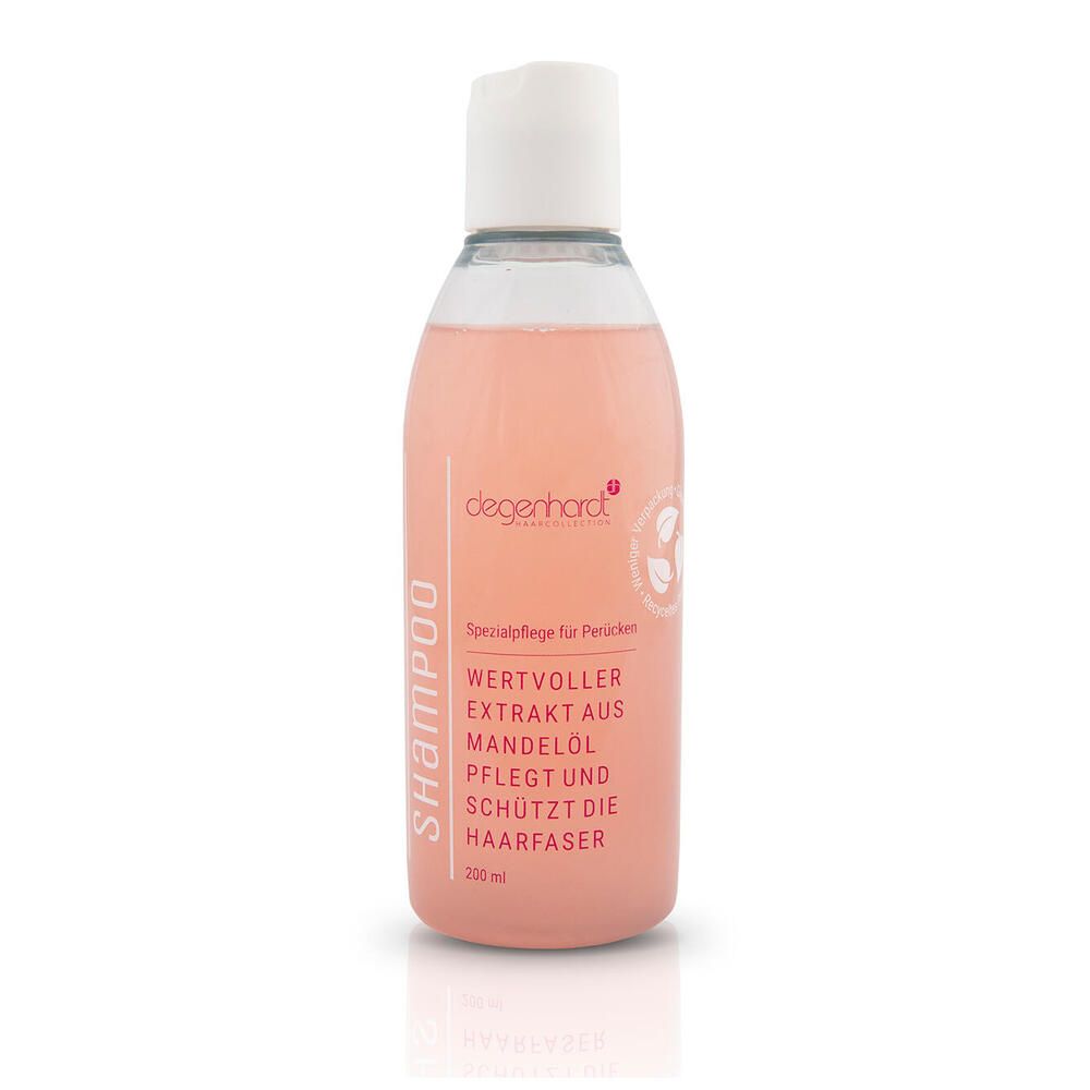 Flasche degenhardt Shampoo. Rosa Flüssigkeit, weißer Deckel. Text: Shampoo, wertvoller Extrakt aus Mandelöl, pflegt und schützt die Haarfaser.