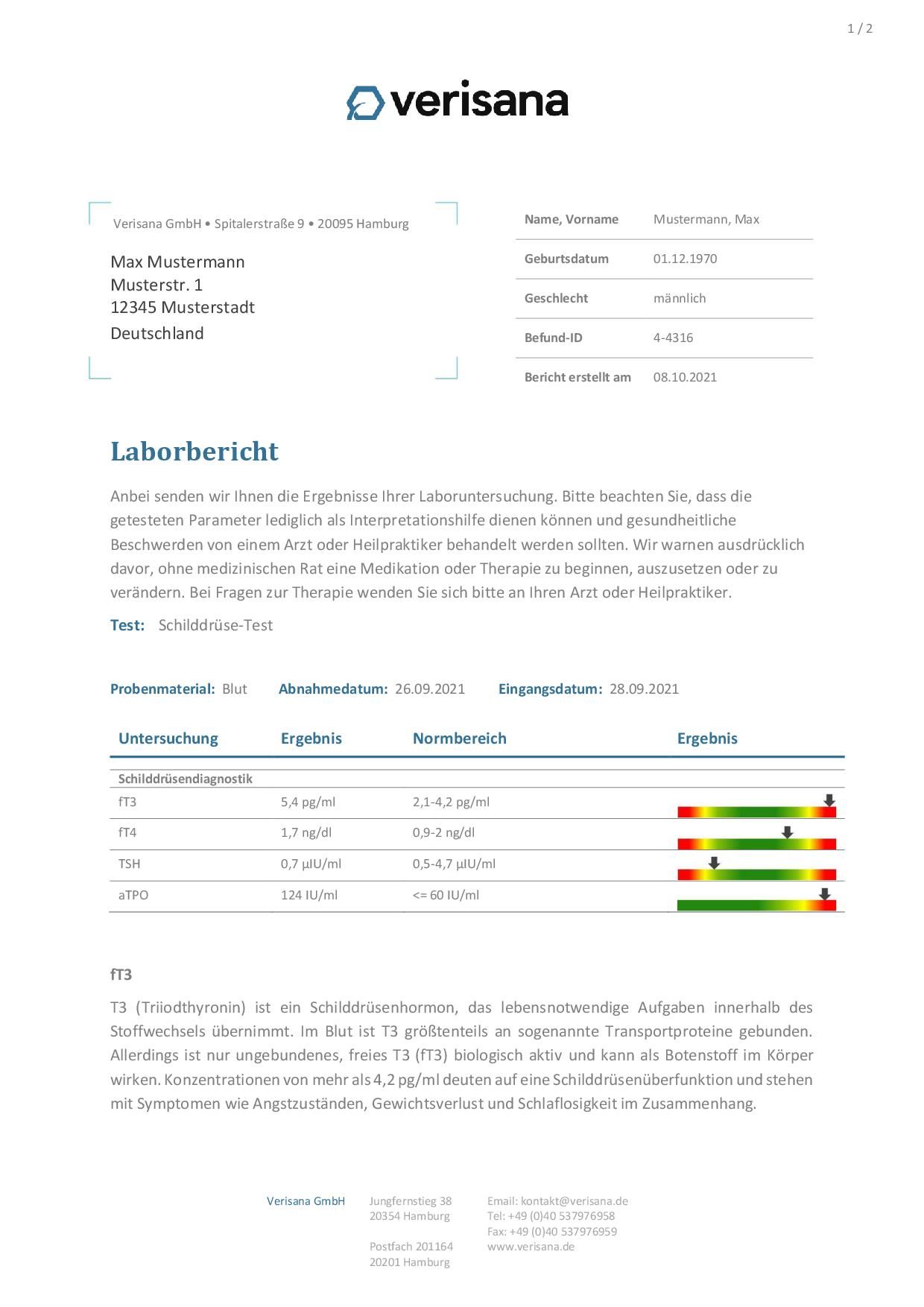 Laborbericht Verisana. Ergebnisse des Schilddrüsentests. Angaben zu Probenmaterial, Datum und Normbereichen.