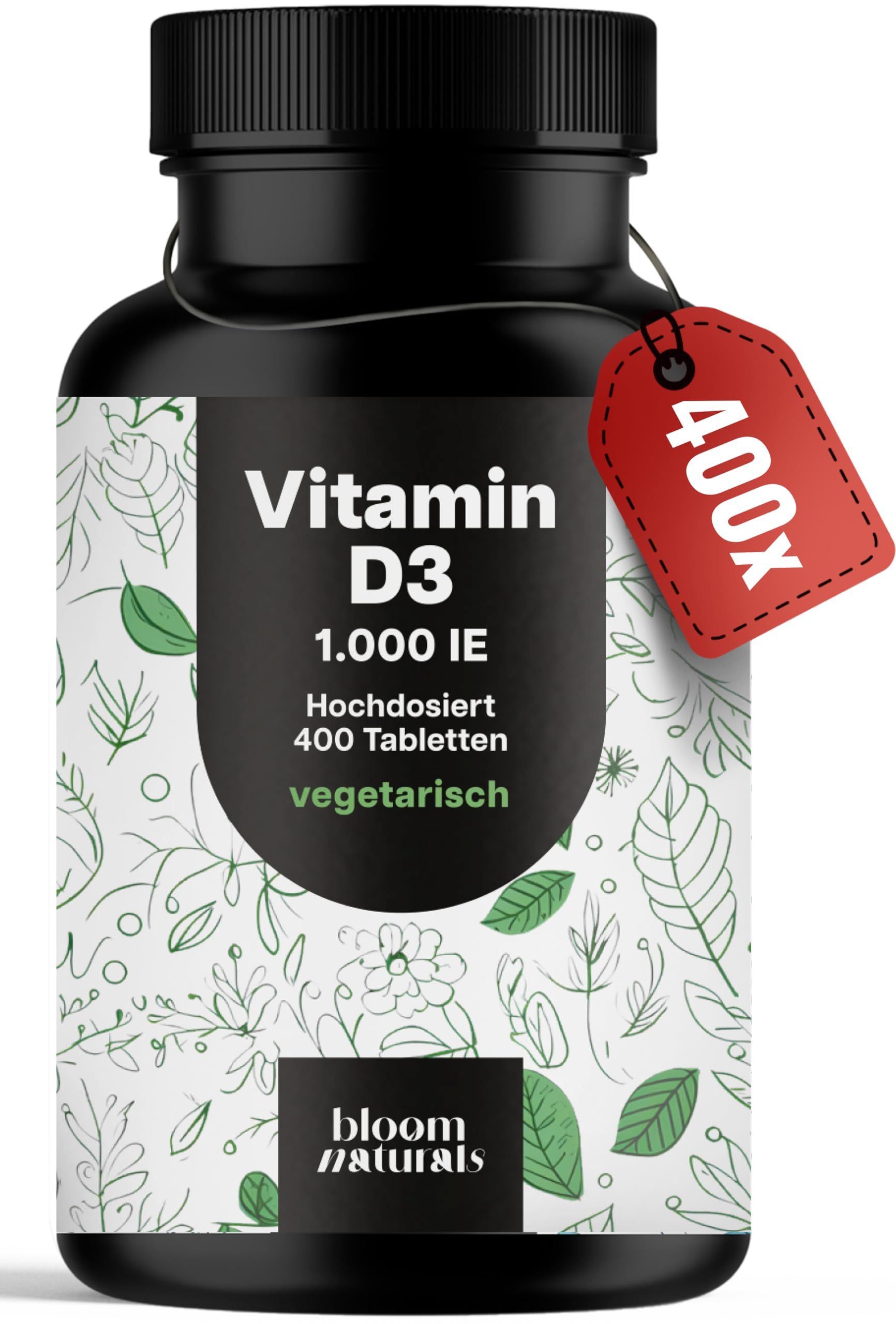 Bloom Naturals Vitamin D3 Flasche mit 400 Tabletten, 1000 IE, vegetarisch, mit rotem 400x Anhänger.