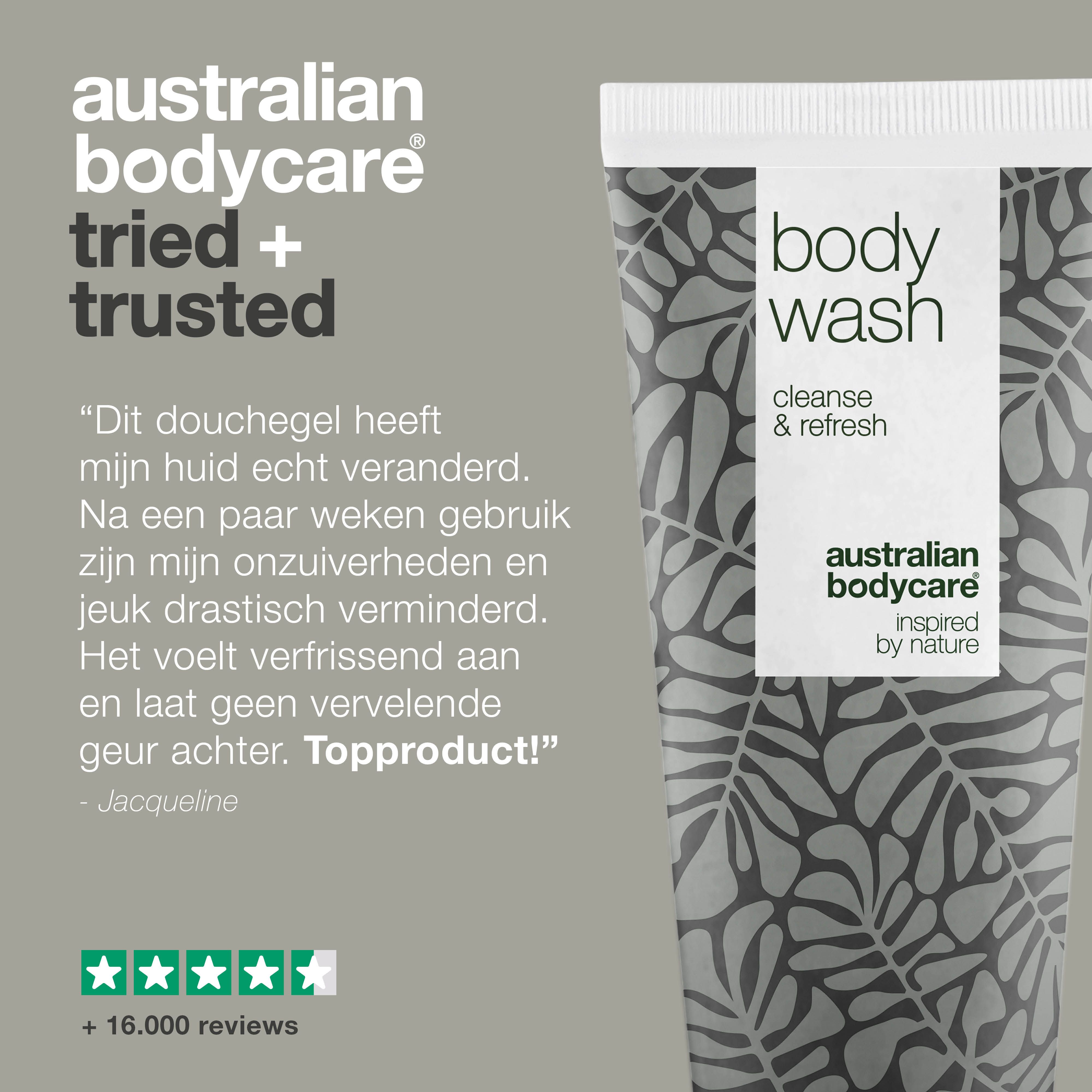 Producttube met tekst. Logo: Australian Bodycare. Tekst: body wash, cleanse & refresh. Tekst: Ervaringsverslag.