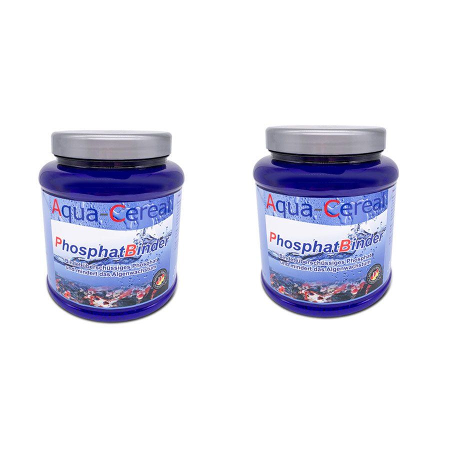 Zwei blaue Behälter Aqua-Cereal PhosphatBinder mit silbernen Deckeln, weißem Etikett und Produktabbildung.