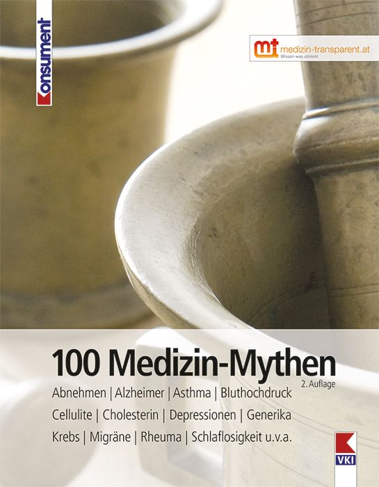 Buchcover mit Titel "100 Medizin-Mythen". Aufgeführt sind Themen wie Abnehmen, Alzheimer, Asthma. Logo "VKI".