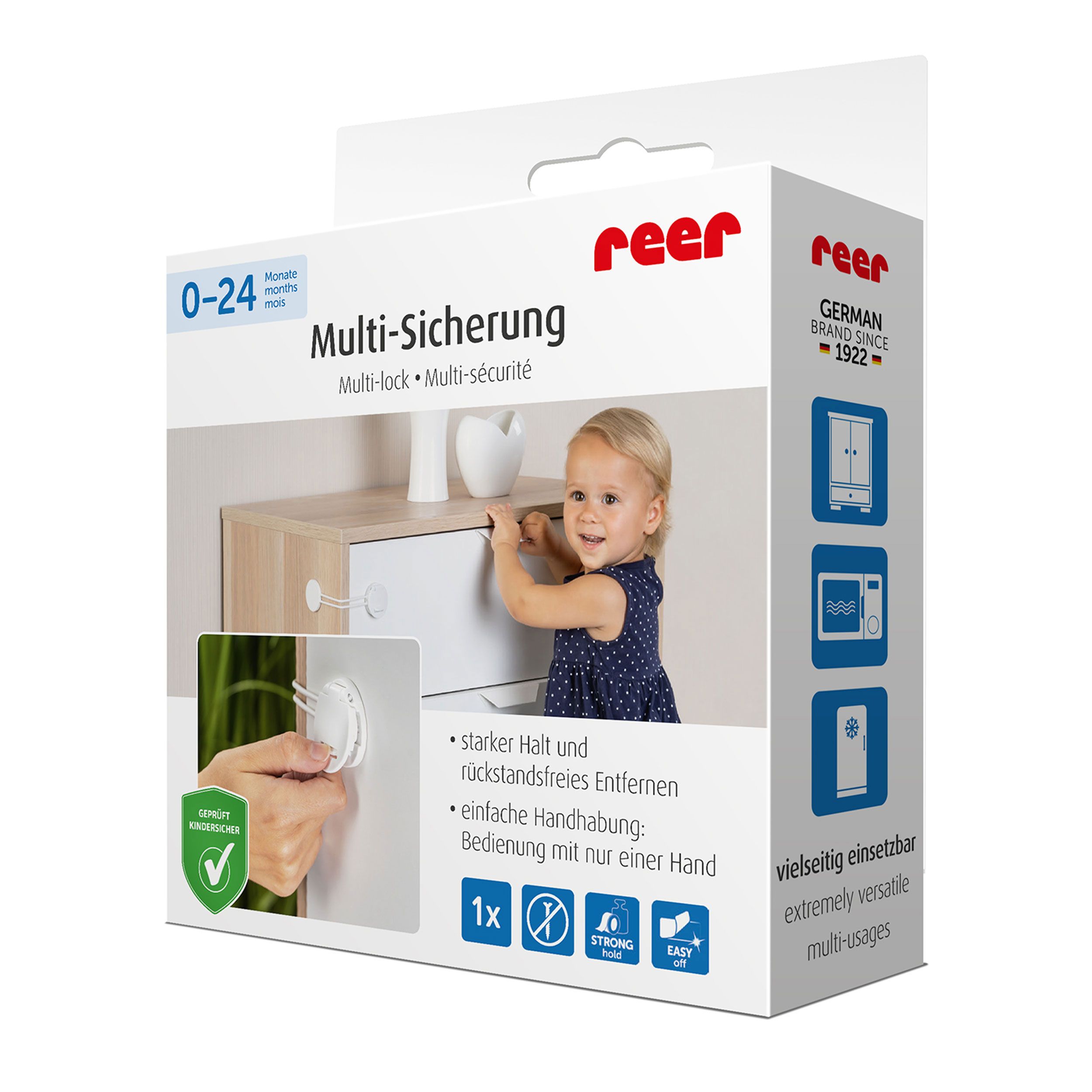Verpackung der reer Multi-Sicherung. Zeigt ein Kind an einer Kommode. Alter 0-24 Monate.