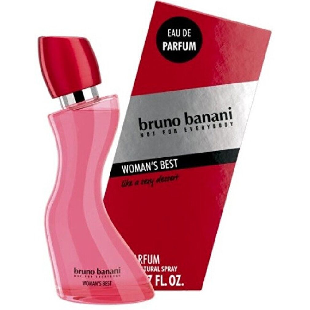 Rosa Flakon mit rotem Verschluss und roter Verpackung. Aufschrift: Bruno Banani Woman's Best Eau de Parfum.
