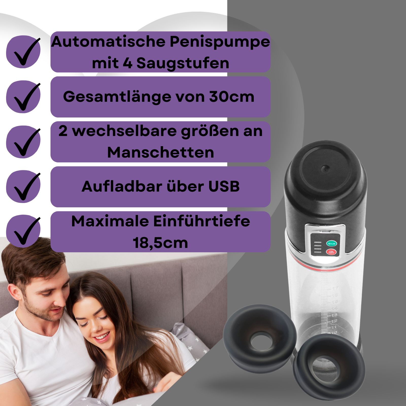 Automatische Penispumpe mit 2 Manschetten. Schwarze Pumpe mit transparentem Zylinder. Zwei Manschetten.