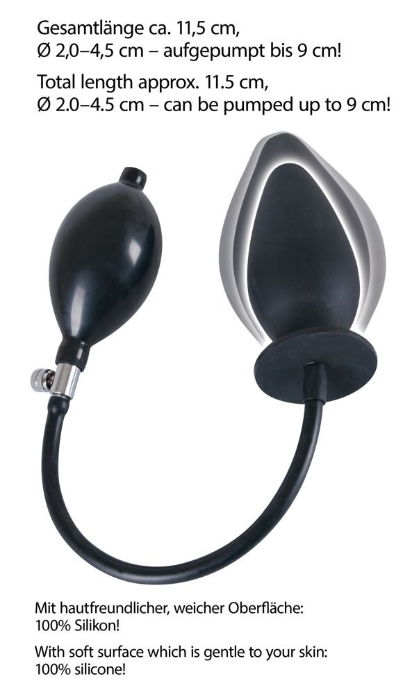 Aufblasbarer Analplug aus Silikon. Schwarzer Plug, Pumpe und Schlauch. Text: Gesamtlänge ca. 11,5 cm.