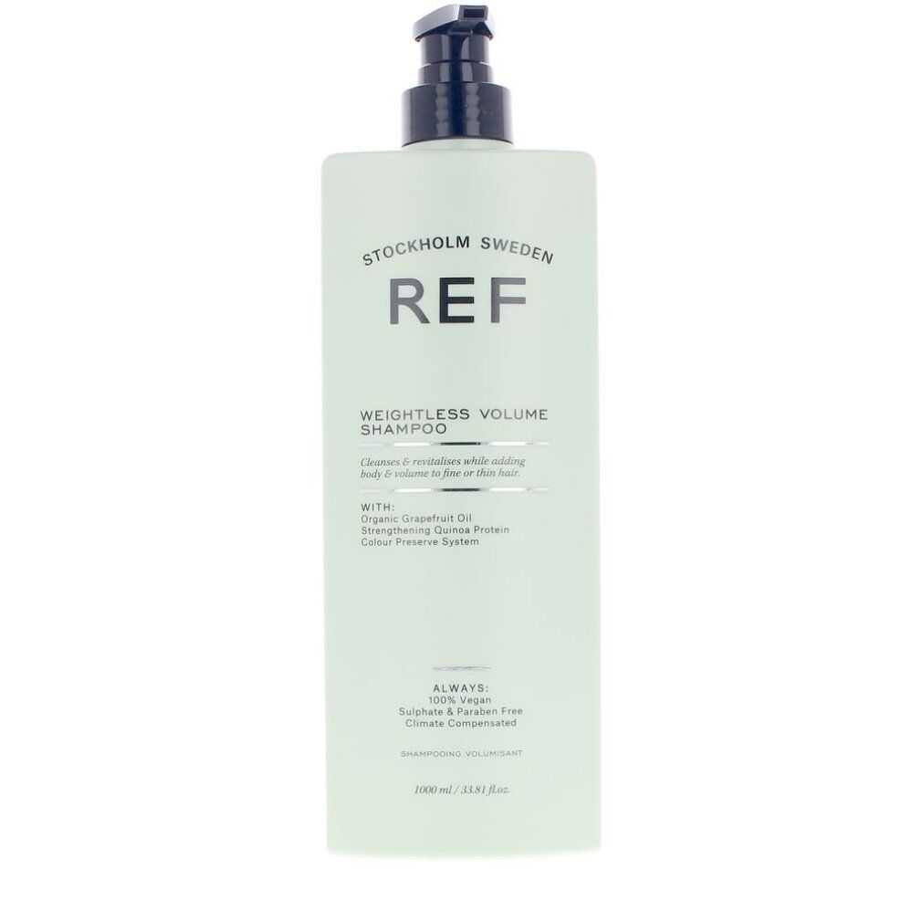 Grüne Shampoo-Flasche mit schwarzem Pumpkopf. Aufschrift: REF WEIGHTLESS VOLUME SHAMPOO. Text: Organic Grapefruit Oil, Colour Preserve System.