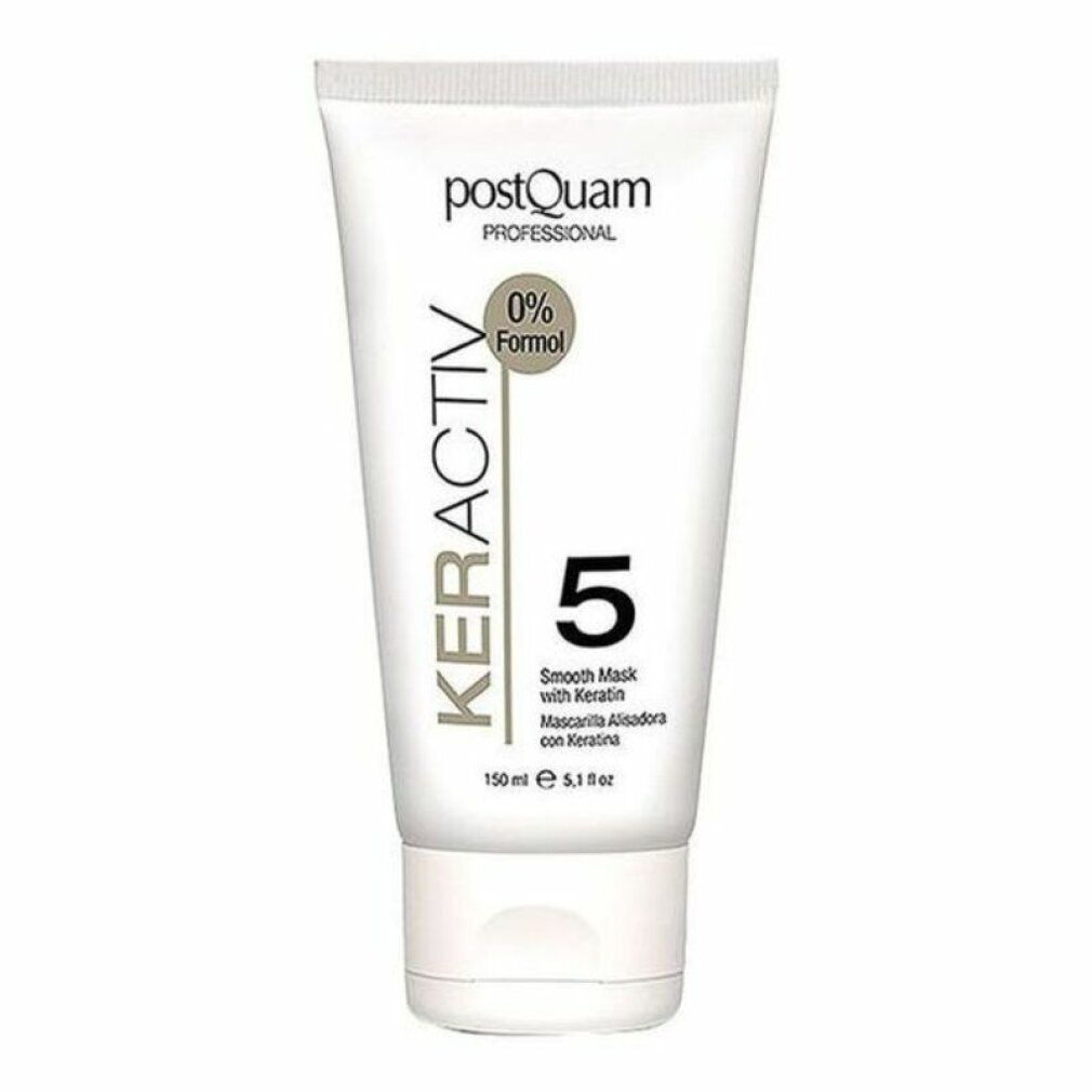 Weiße Tube mit schwarzem Schriftzug KERACTIV 5, darunter 'Smooth Mask with Keratin'. Marke: postQuam PROFESSIONAL. 0% Formal.