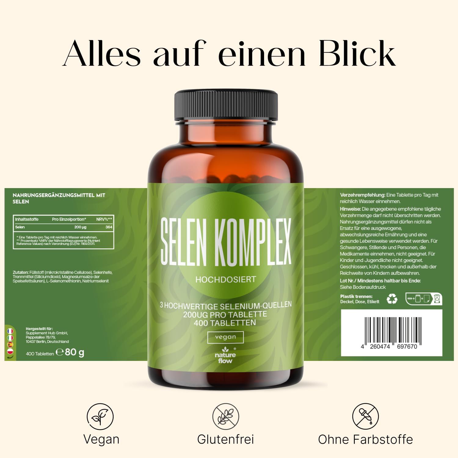 Braune Glasflasche mit grünem Etikett. Aufschrift: Selen Komplex, hochdosiert, 400 Tabletten. Vegan, glutenfrei, ohne Farbstoffe. Marke: nature flow.