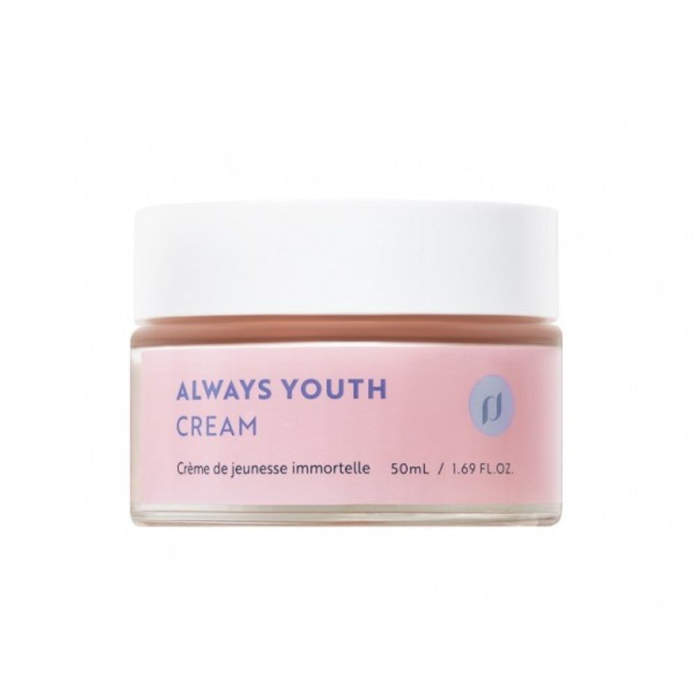 Creme-Glas mit weißem Deckel. Aufschrift "ALWAYS YOUTH CREAM". Rosa Etikett mit blauer Schrift und Logo. Volumen: 50ml / 1.69 FL.OZ.
