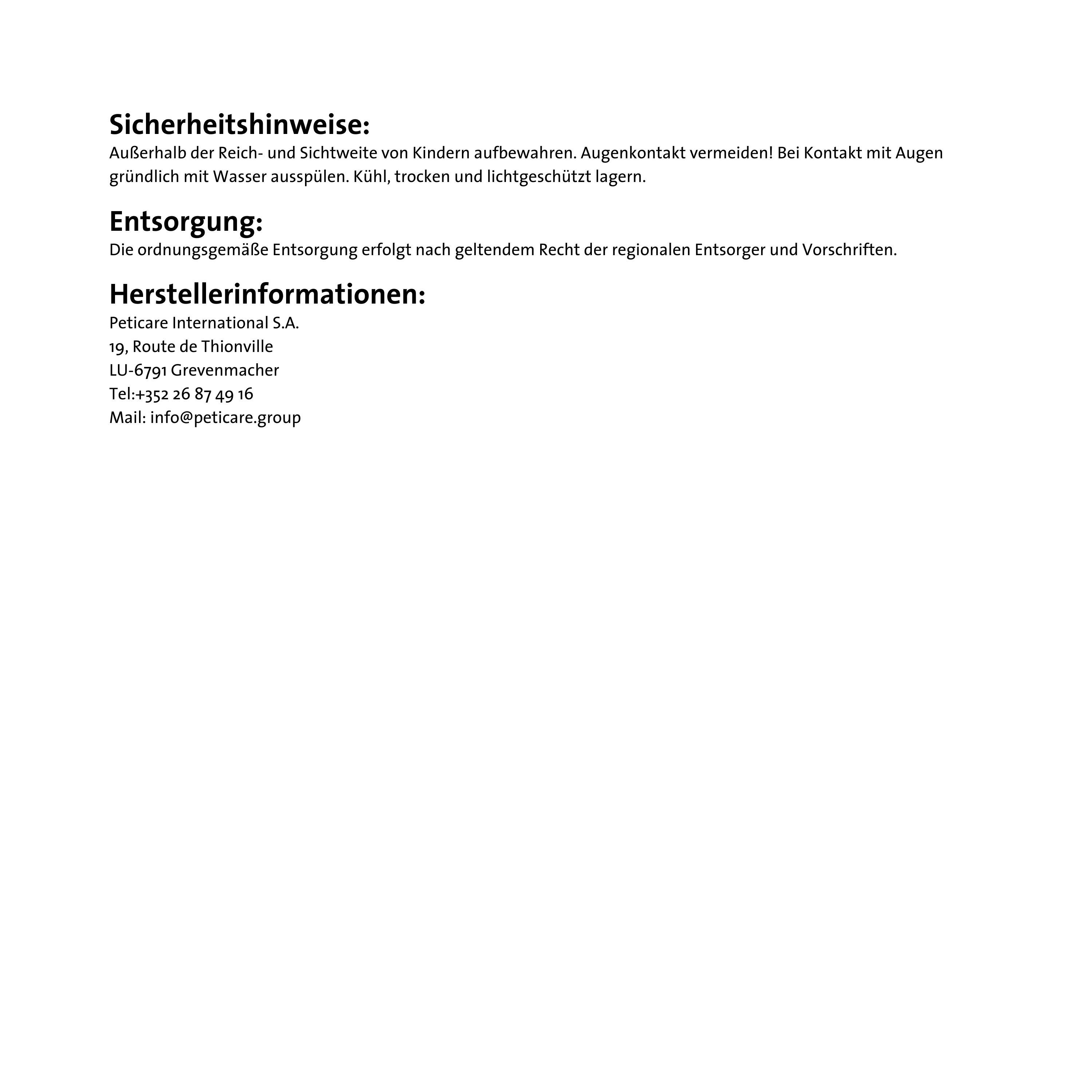 Text auf weißem Hintergrund. Sicherheitshinweise, Entsorgung und Herstellerinformationen.