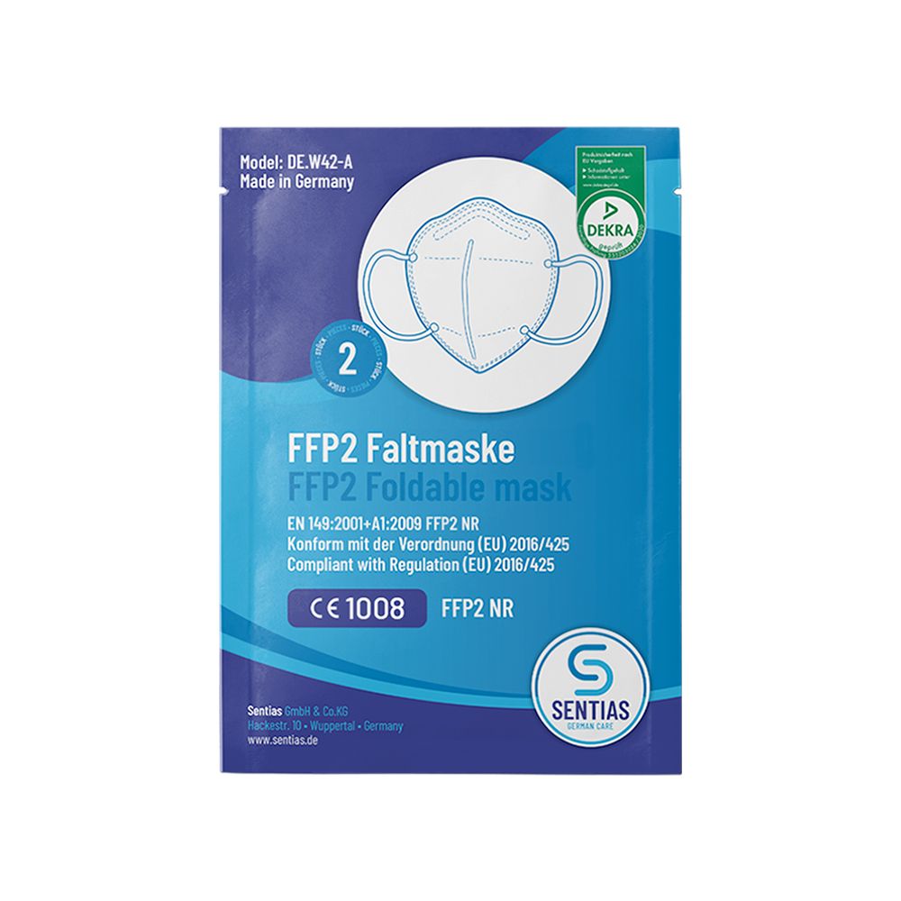 Verpackung mit 2 FFP2-Masken. Blaue Folienverpackung mit Produktbezeichnung, Zertifizierungen und Logo. Aufdruck: FFP2 Faltmaske.