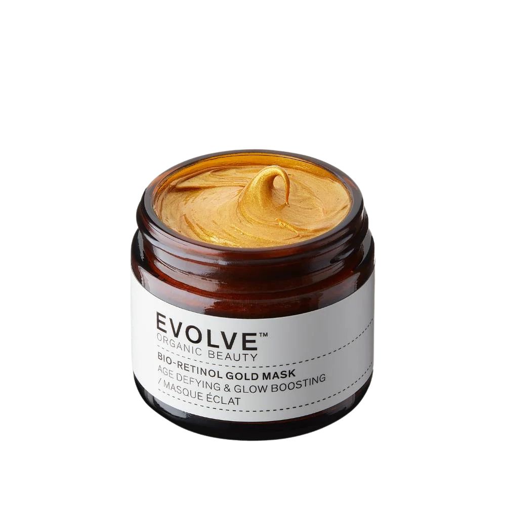 Braunes Glas mit goldener Gesichtsmaske. Auf dem Etikett steht: Evolve Organic Beauty, Bio-Retinol Gold Mask, Age Defying & Glow Boosting.