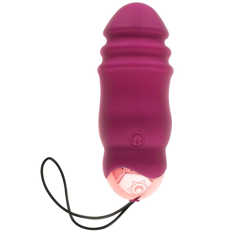 Violett-farbener Stimulator mit schwarzer Schnur. Stimulator mit geriffelter Oberfläche und rosa Akzenten. Mit Ein/Aus-Taste.