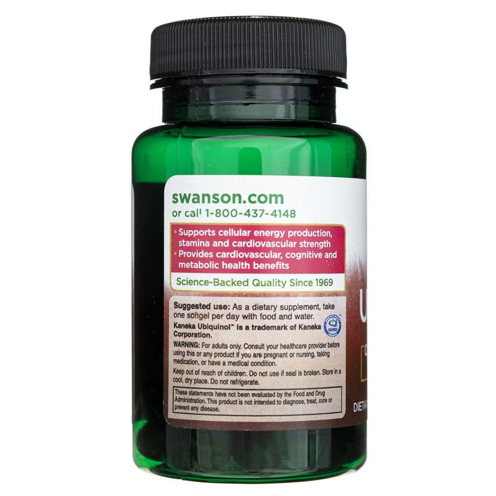 Rückseite einer Swanson Ubiquinol 100 mg Flasche mit Anwendungshinweisen und Qualitätsgarantie.
