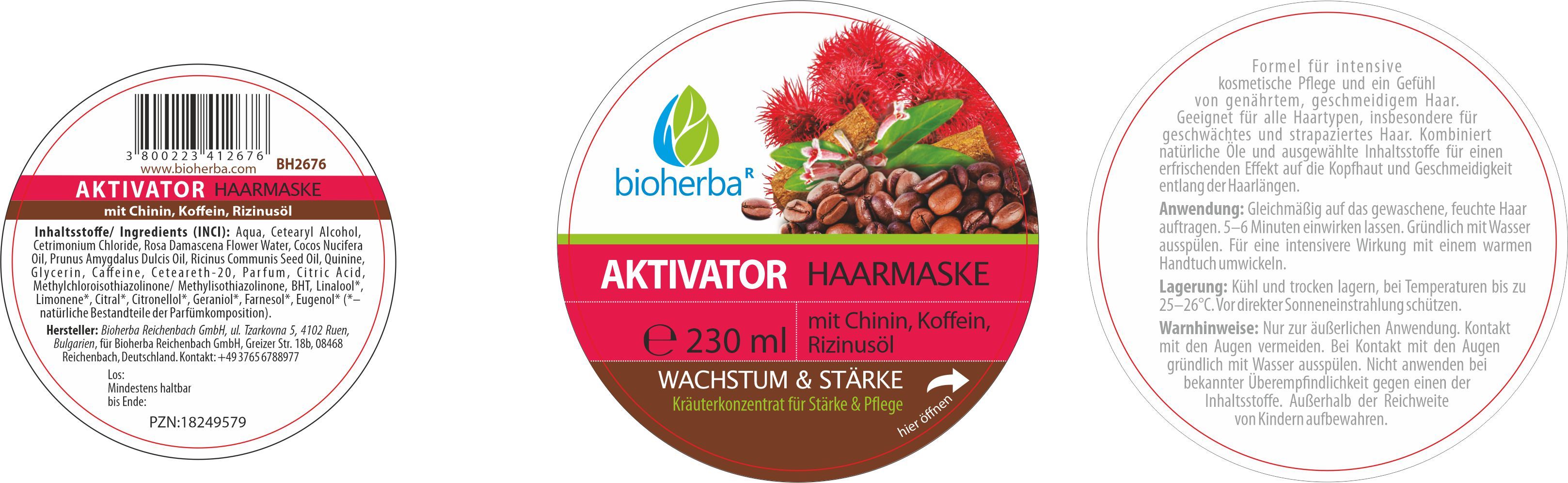 Runde Dose mit Deckel. Aufschrift: Aktivator Haarmaske mit Chinin, Koffein, Rizinusöl. Wachstums- & Stärke.
