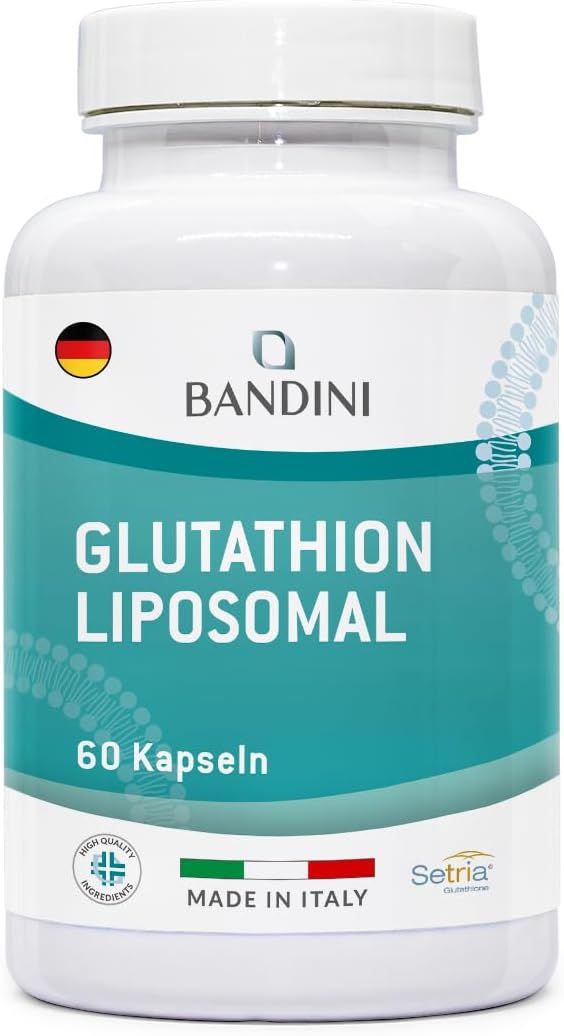 Weiße Flasche mit Kapseln. Aufschrift: Bandini, Glutathion Liposomal, 60 Kapseln. Mit Qualitätszeichen und Flagge.