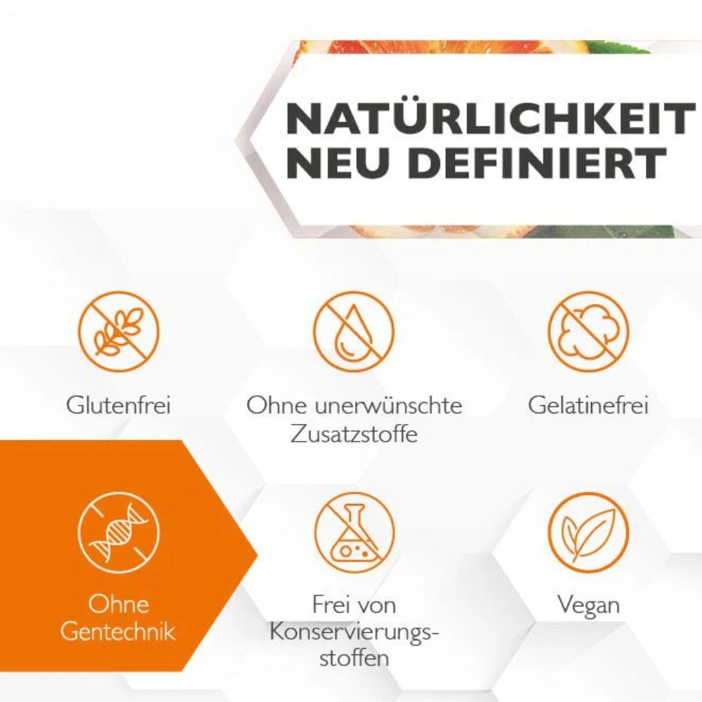 Text: Natürlichkeit neu definiert. Glutenfrei, ohne unerwünschte Zusatzstoffe, gelatinefrei, ohne Gentechnik, frei von Konservierungsstoffen, vegan.