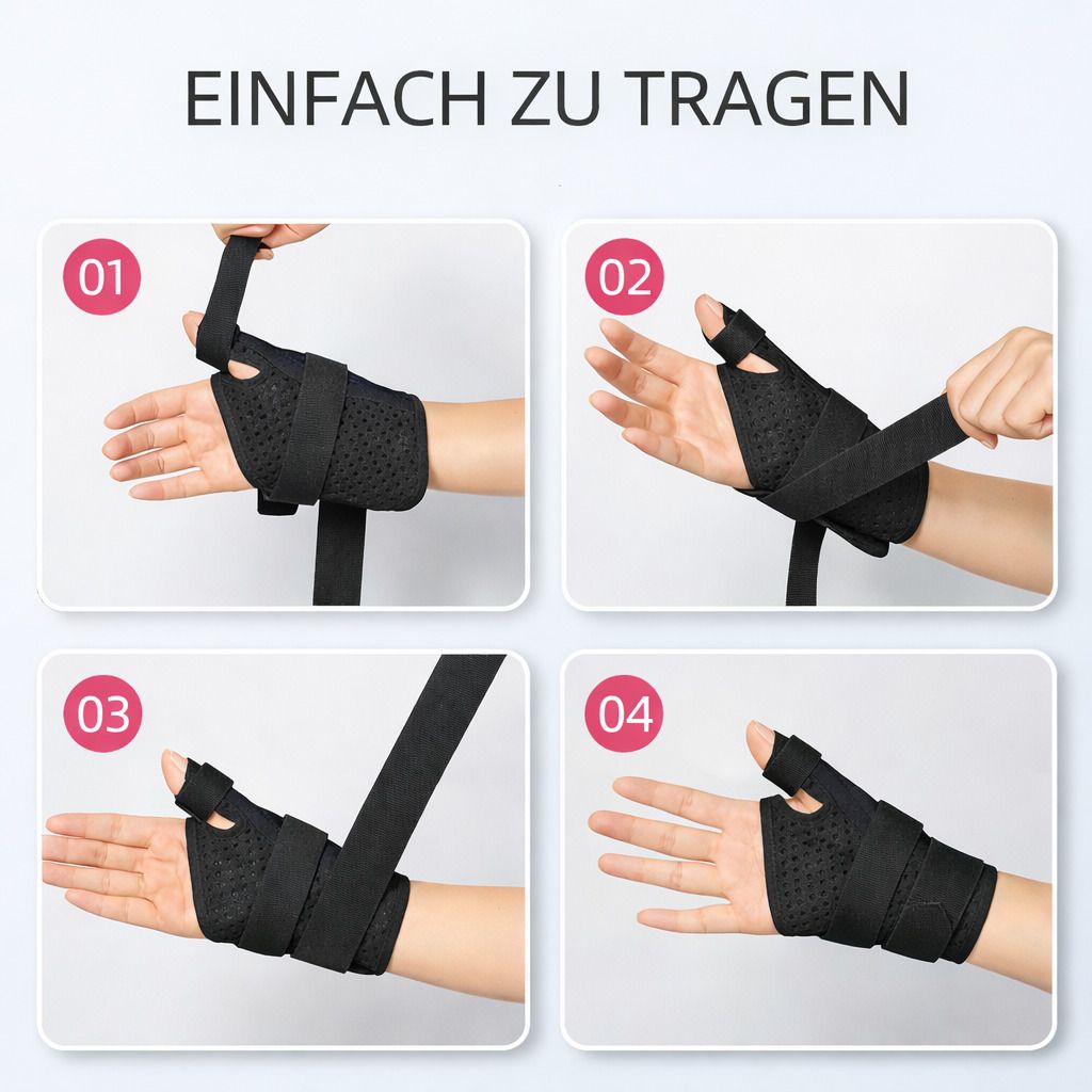 Schwarze Daumenbandage. Vier Schritte zeigen das Anlegen: Band um Handgelenk, Daumen, Fixierung.