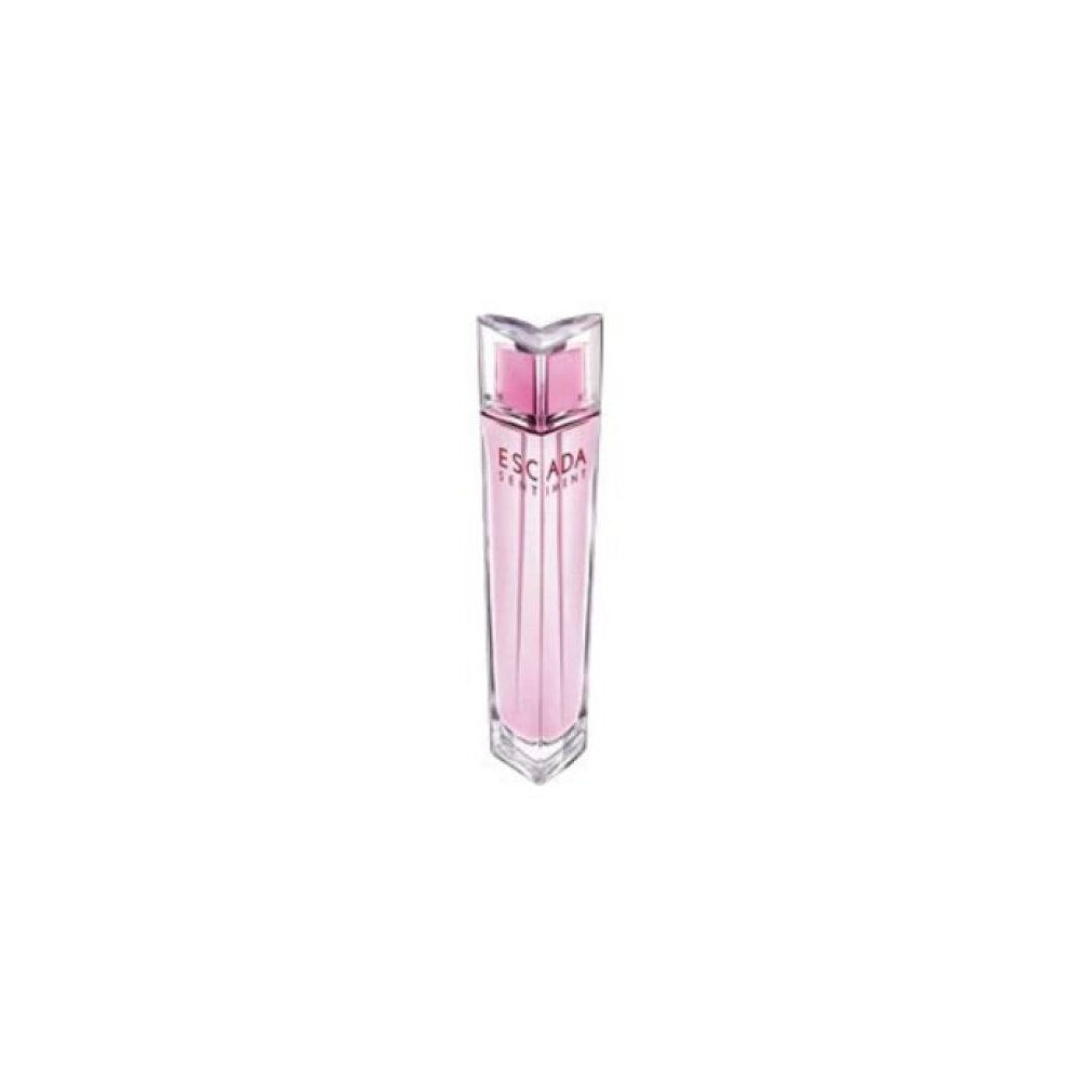 Escada Sentiment EdT Flakon. Rosa Flüssigkeit im Glasflakon. Quadratischer Verschluss.