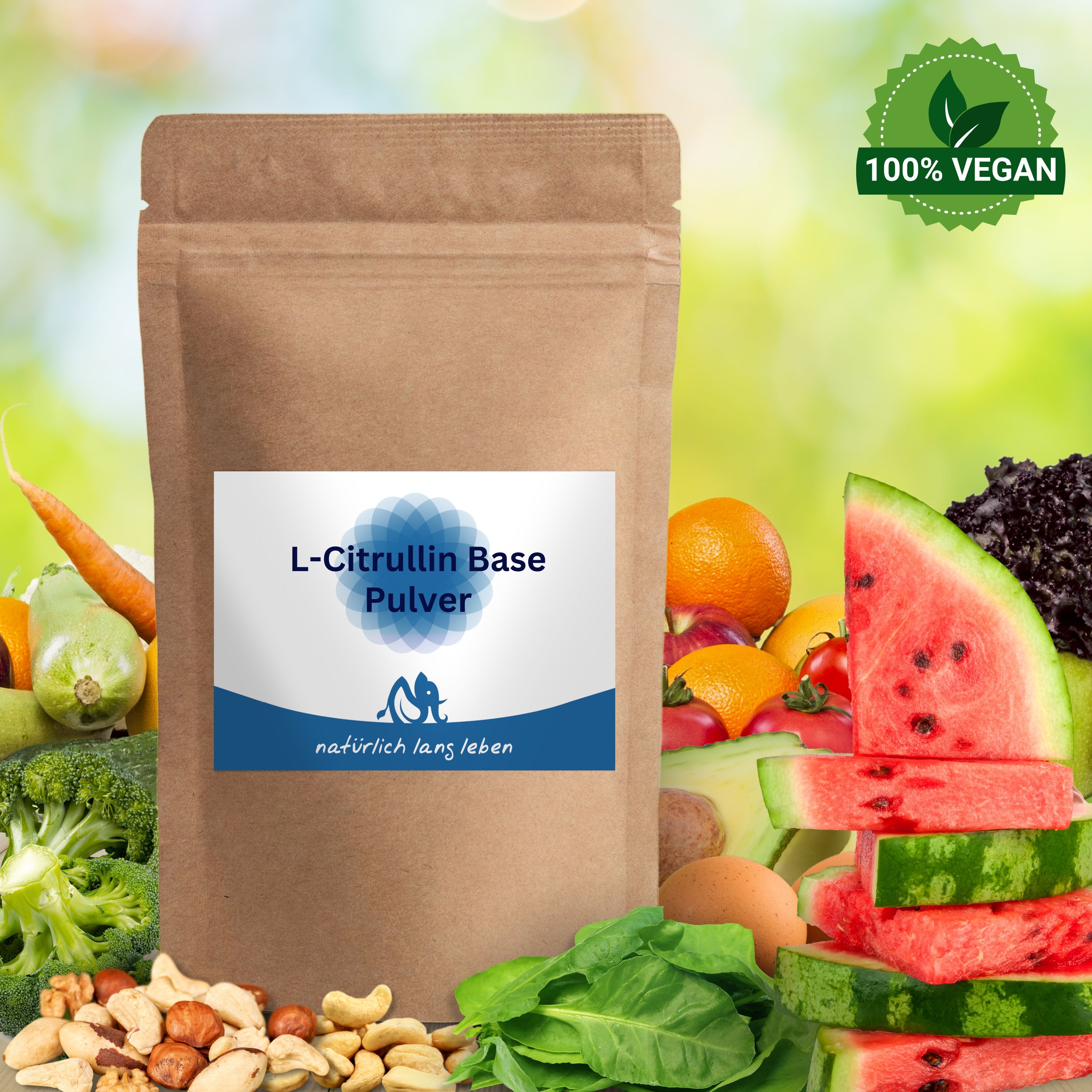 Braune Pulverpackung mit Etikett. Aufschrift: L-Citrullin Base Pulver. Logo und Schriftzug: natürlich lang leben. 100% vegan.